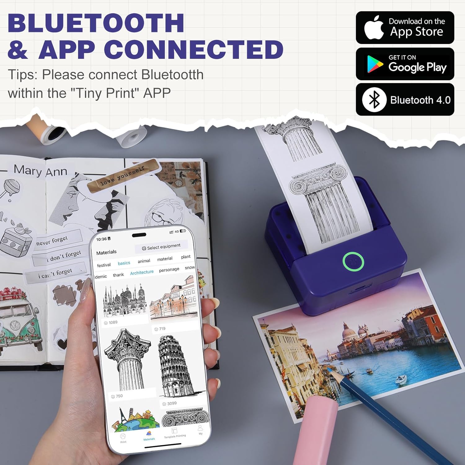 A smartphone screen showing the Tiny Print app interface with options for photo printing and graphic editing, and a connected cudinham X6 mini printer in the background.