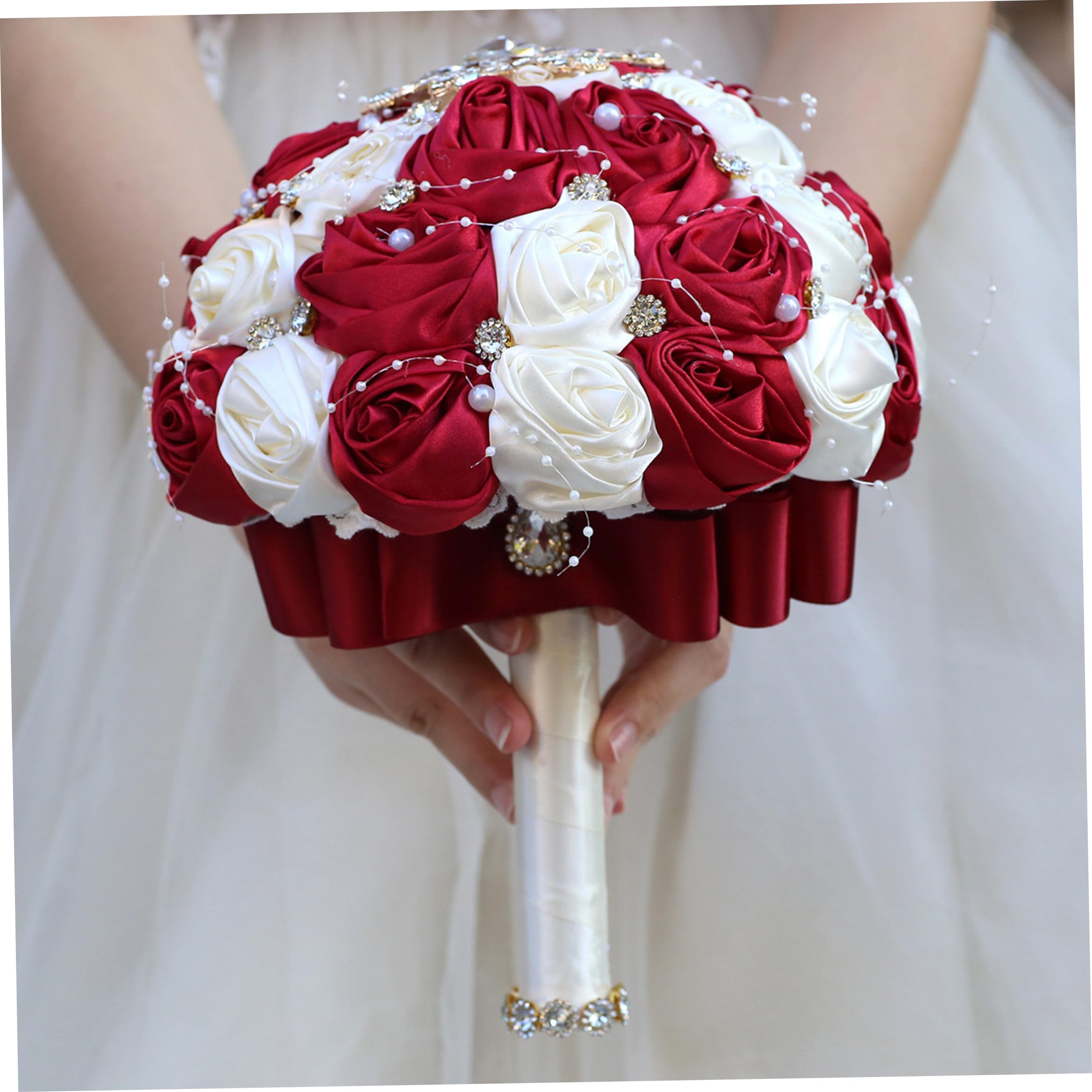 Fiori artificiali, bouquet da sposa, lussuoso bouquet da sposa con nastro rosa con strass e perle per la e la damigella d'onore, 9x10 pollici