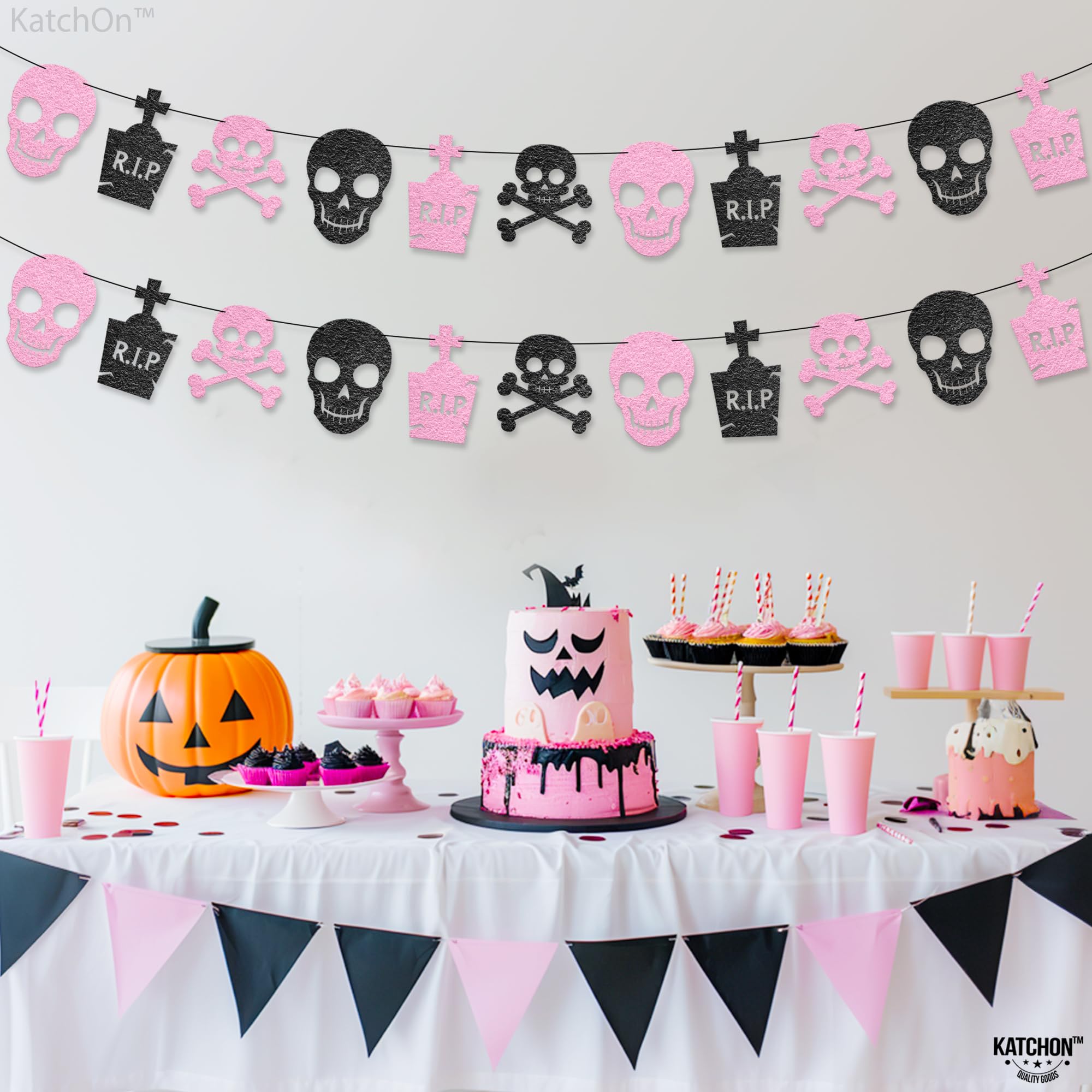 KatchOn 13-Foot Halloween Skull Garland - Black & White Pre-Assembled Decor With Felt Skulls