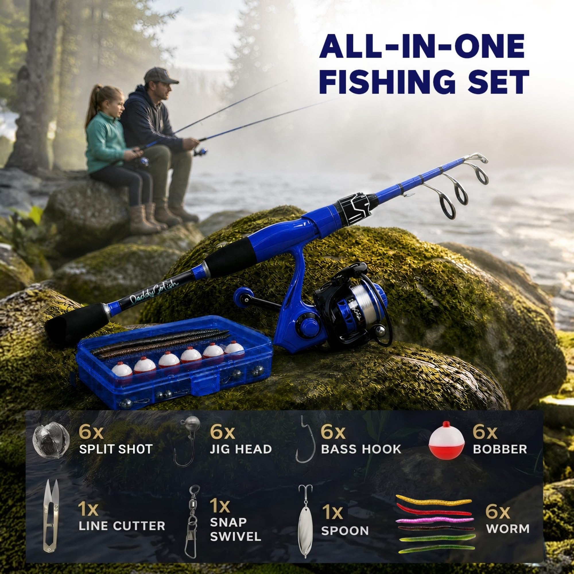 Set Combinato Daddygofish: Canna Da Pesca Spinning E Mulinello Con Scatola Per Attrezzatura | Kit Telescopico in Fibra Di Carbonio | Mulinello Da Spinning