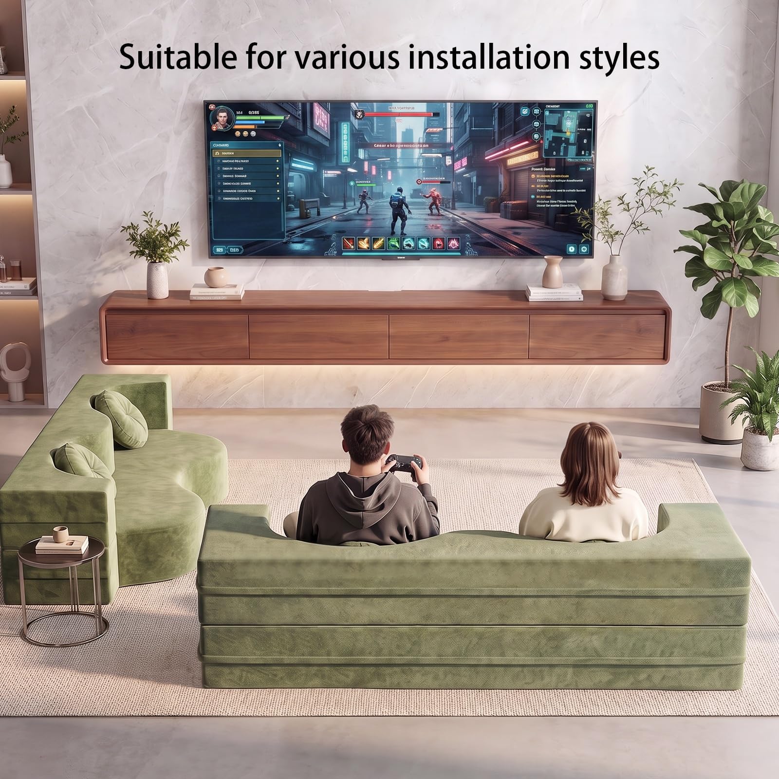 Mueble de TV de Madera Maciza,Mueble de TV Flotante, Mueble Bajo de Pared para TV, Adecuado para el Salón y el Dormitorio,Nogal 200CM-LED