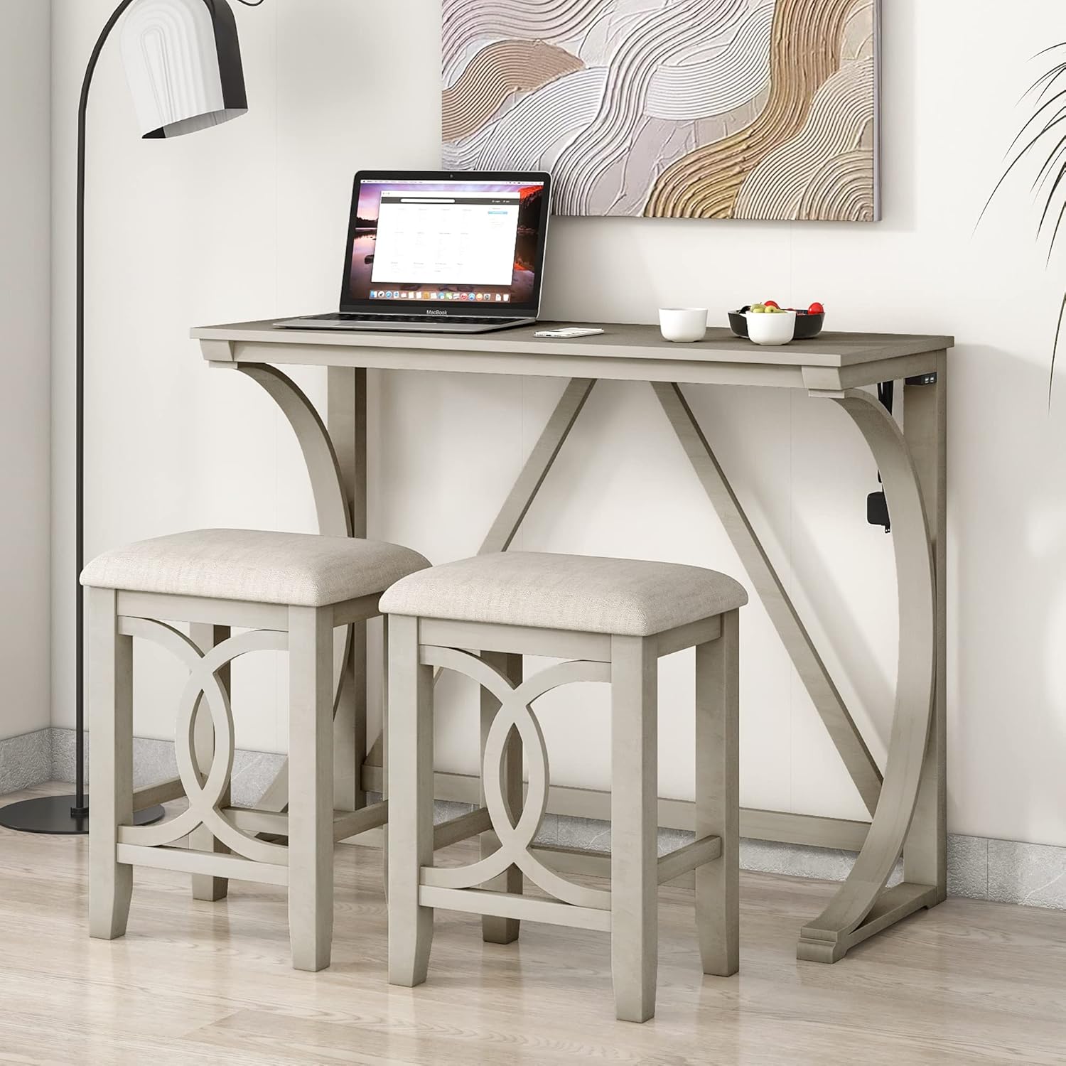 Grey Counter Height Dining Table Set with Built-in USB Ports