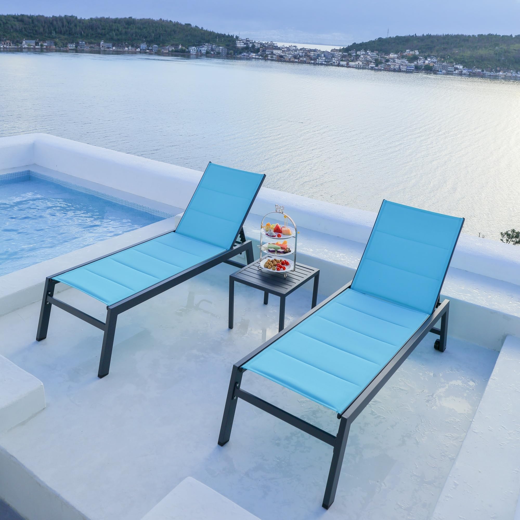 PURPLE LEAF Pool Lounge Chairs Set of 2 with Side Table, Turquoise Blue
