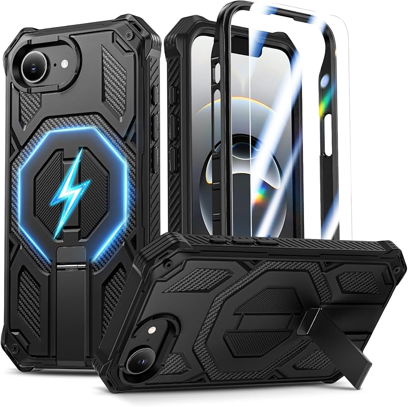 Magnetic for iPhone 17e Case/iPhone 16e Case with Screen Protector, Black | Invisible Kickstand & Compatible with MagSafe, 3-in-1 Full Body Military Grade Heavy Duty Protective Phone Cover for Men