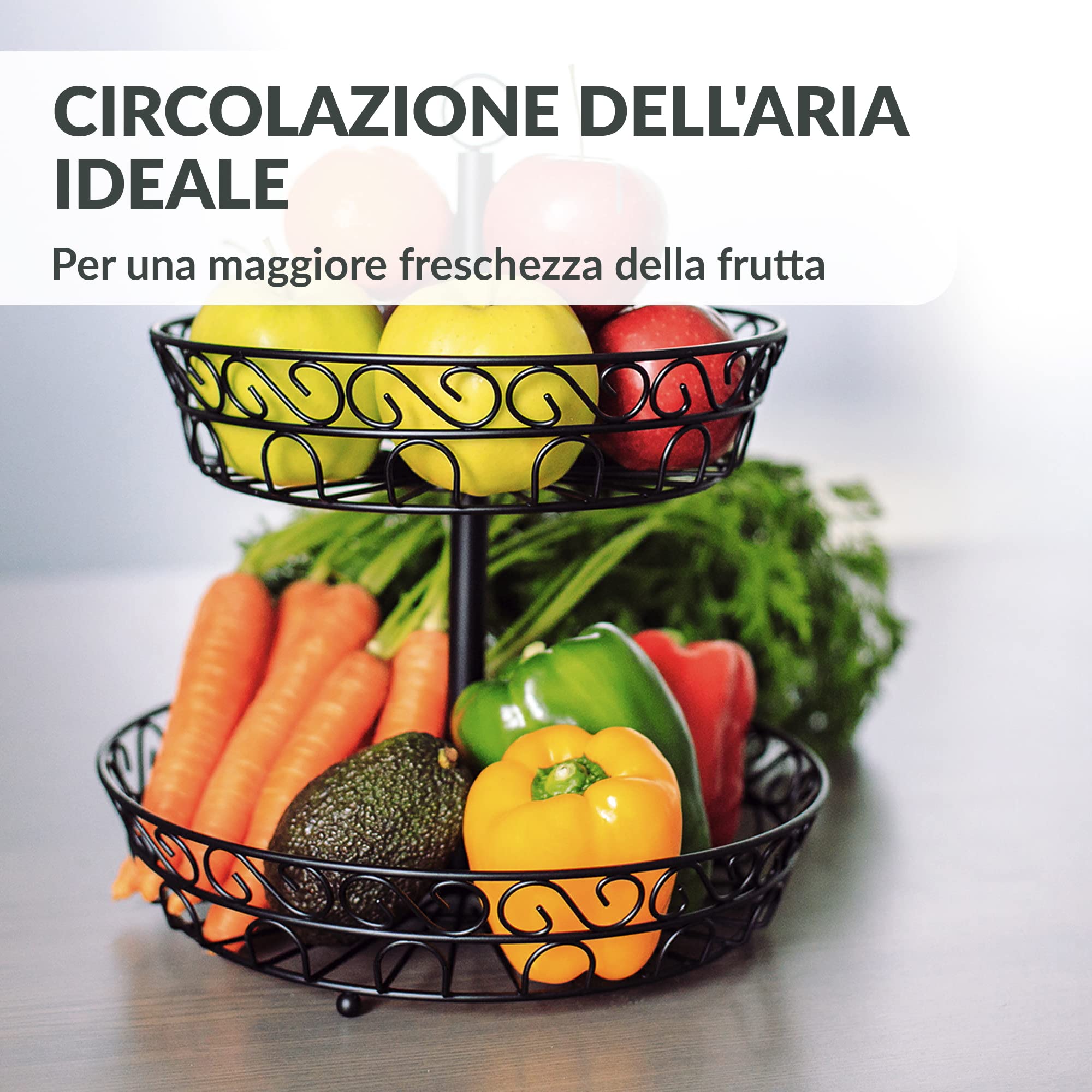Chefarone Portafrutta a 2 Piani in Metallo Nero Vintage – Alzatina Portafrutta da Tavolo – Cestino Frutta e Verdura Salvaspazio per Cucina e Sala da Pranzo – Design Elegante e Robusto