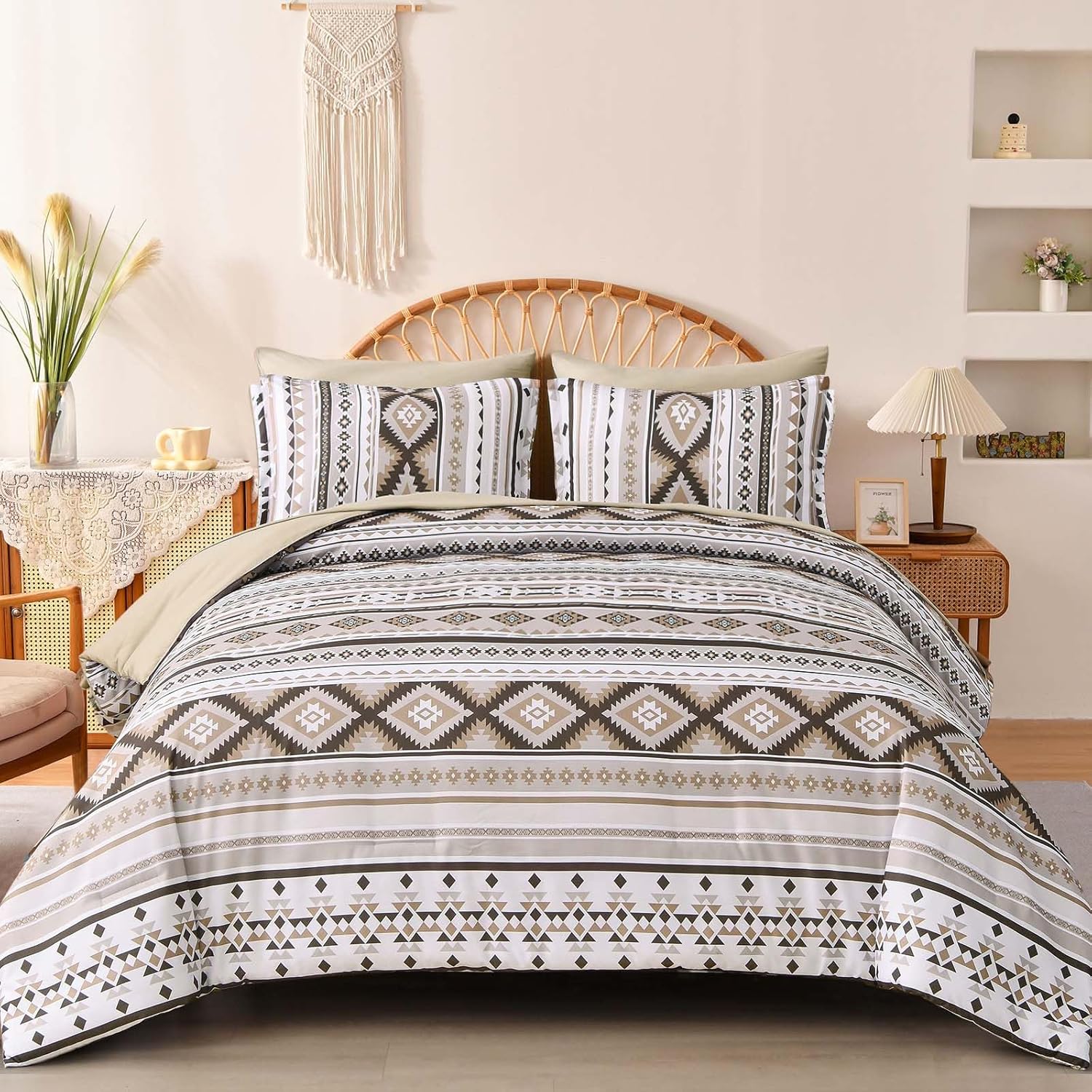 Boho King Size Bed in A Bag 7 Pieces,Khaki Comforter Set Aztec Striped Bedding Set Bohemian ...