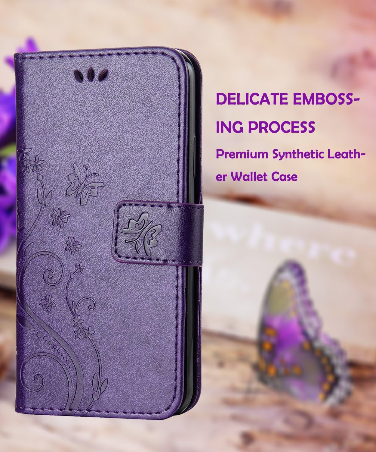FLYEE Case Compatible with Samsung Galaxy S9 (5.8inch,Released in 2018),Wallet Case for Women and Girls with Card Holder,Flip PU Leather Case[Kickstand] Protective Case-Embossed Flowers Purple