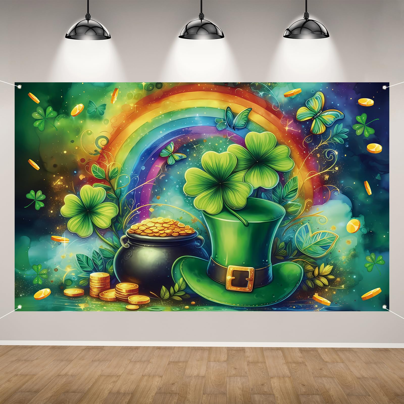 Happy St Patricks Day Photo Backdrop Rainbow Gold Coins Green Shamrock Lucky Clover Banner St. Patrick's Day Party Decorations and Supplies for Home-