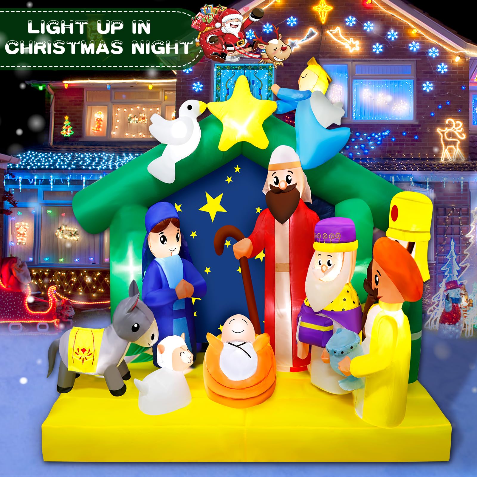 Presepe gonfiabile di Natale da 2 m, decorazioni per esterni, scena della nascita di Gesù, esplosioni di Natale, luci LED integrate, decorazioni natalizie gonfiabili