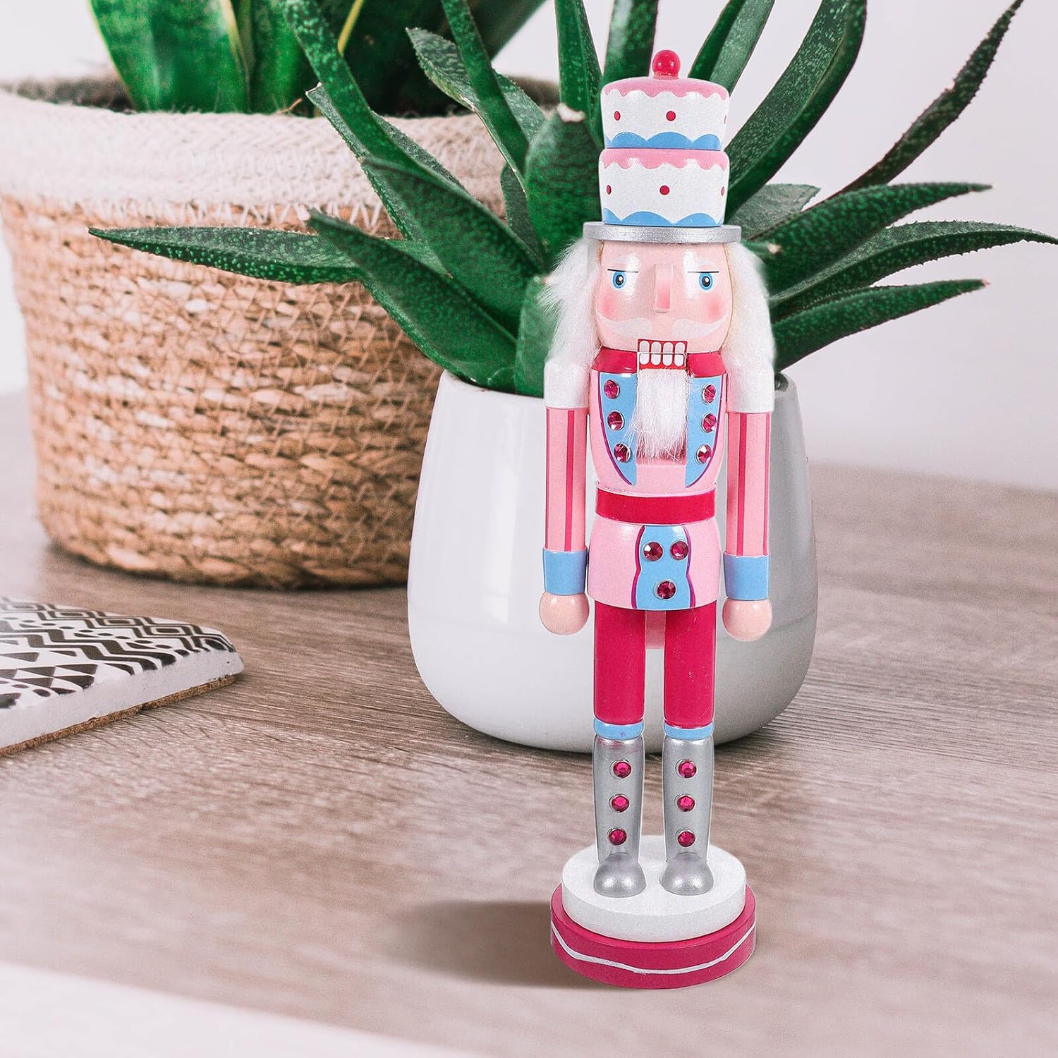 Macaron Color 38cm Wooden Nutcracker Figurine Pink Cake Head Nutcracker Figure Indoor Ornament Christmas Festival Decoration