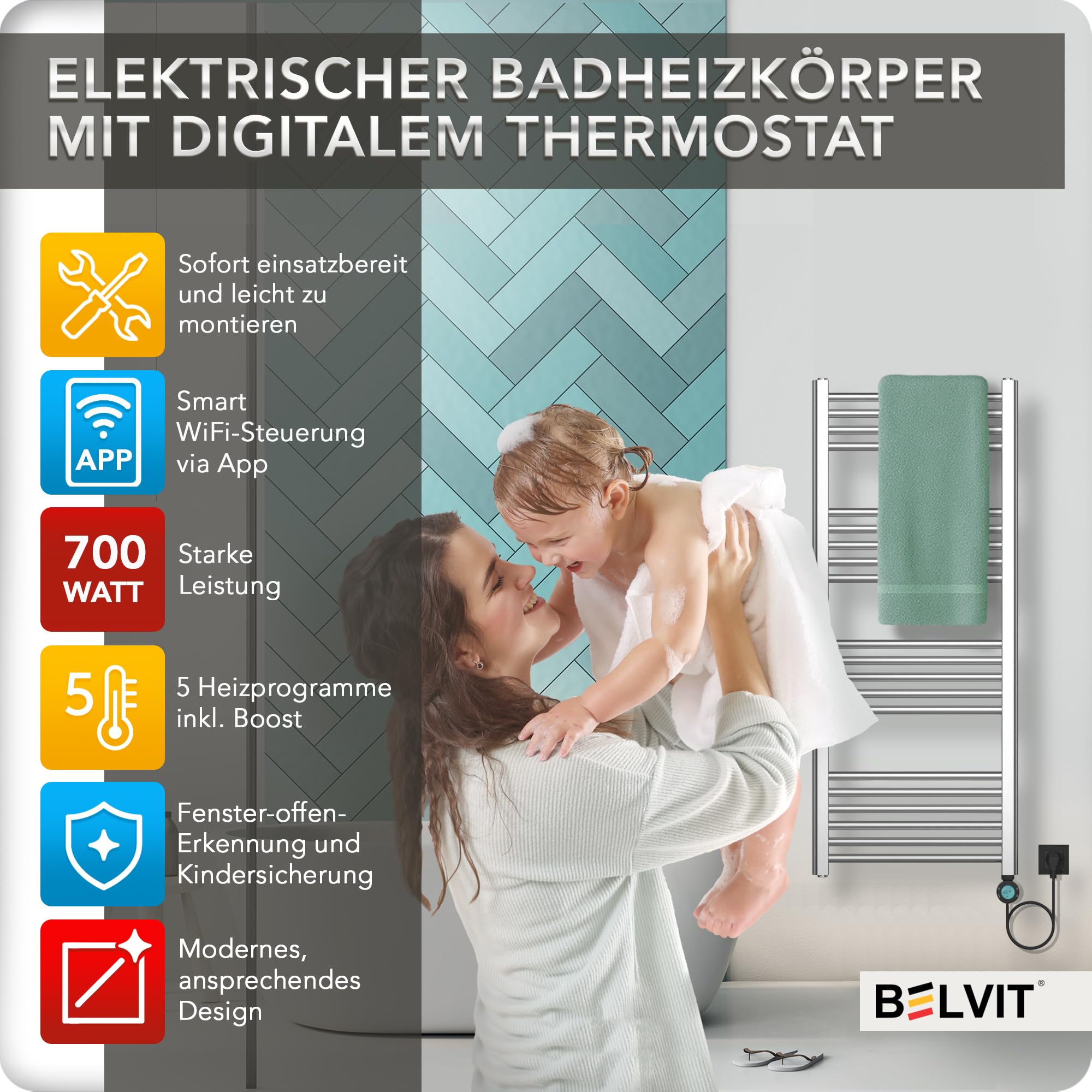 BELVIT Elektrischer Badheizkörper, 1200x500 mm, 700 Watt, Edelstahl | Handtuchheizkörper, Digitales Thermostat, Smart WiFi, Rechtsanschluss, 230 V