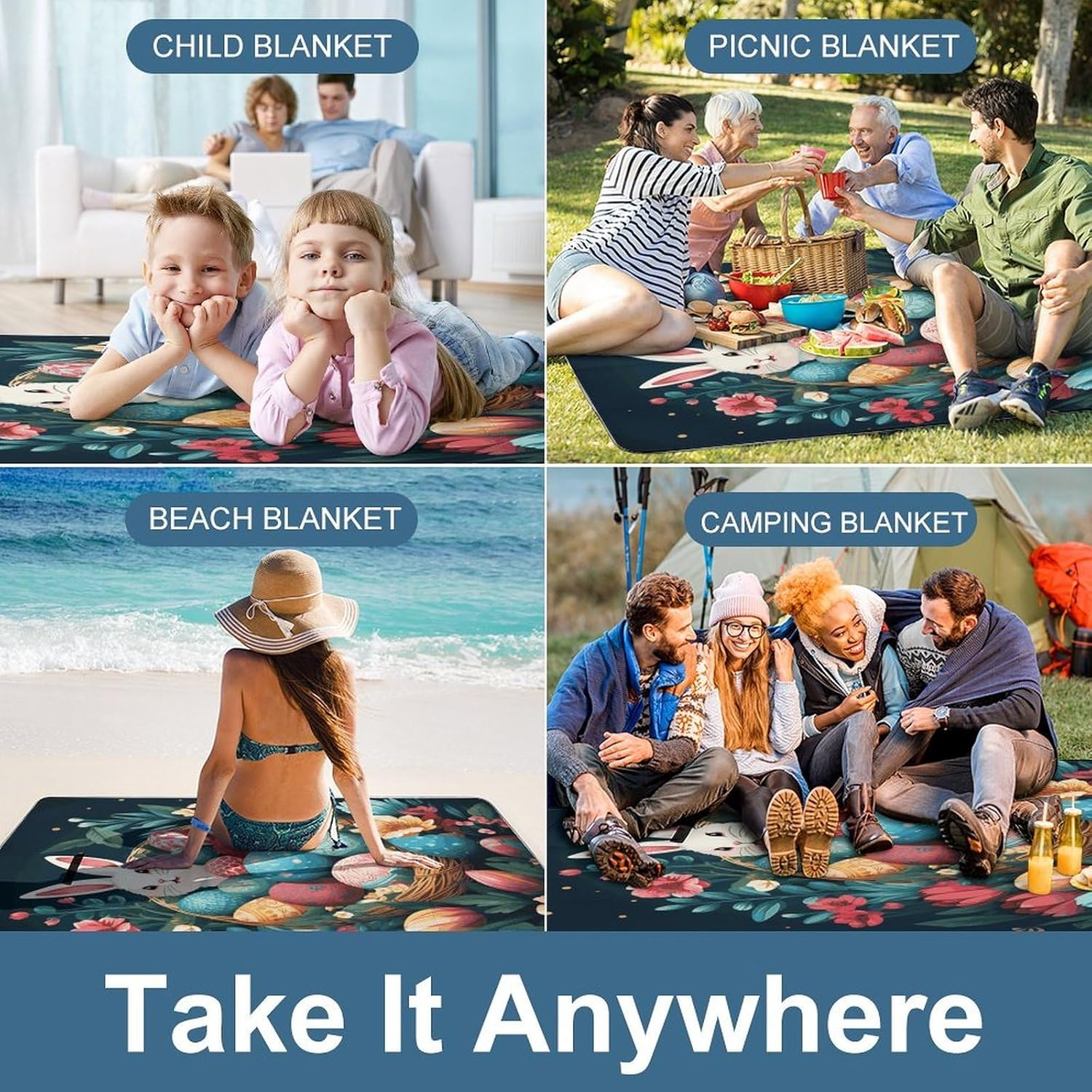 Basket and Easter Eggs Waterproof Picnic Blanket 58.3''x58.3'',Portable and Foldable Picnic Mat with Handle,Outdoor Blankets for Lawn Park Beach Travel