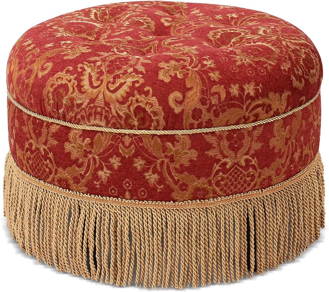 Crazy Deals Jennifer Taylor Home Yolanda Collection Traditional Modern Cotton Blend Hand Tufted With Cord and Fringe Round Ottoman, Red Gold
