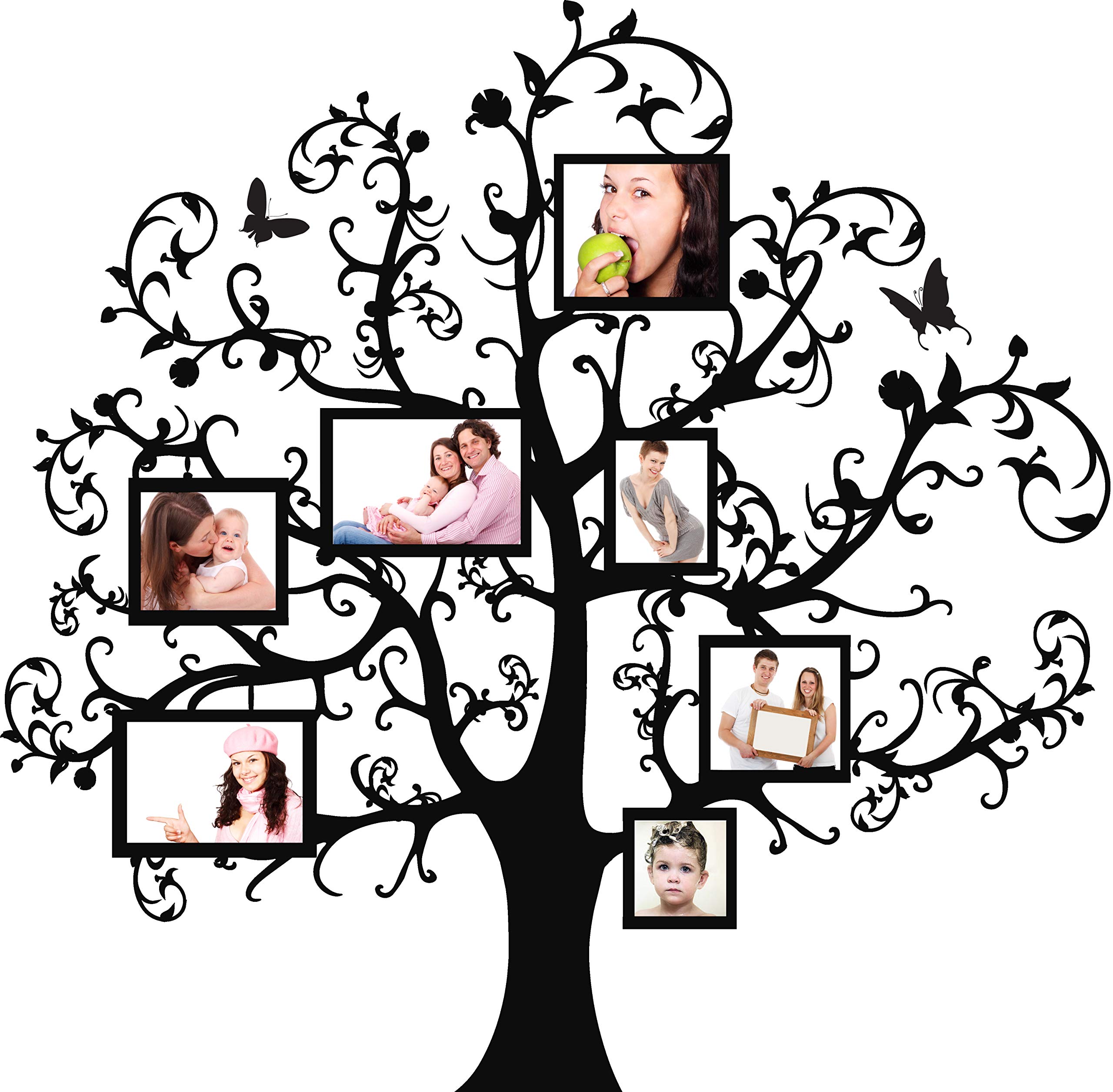 (90 x 89 cm) de la pared del vinilo adhesivo de árbol con marcos de fotos, flores y mariposas/foto de familia del arte decoración PEGATINA gratis + ramas TecGadgets regalo al azar!