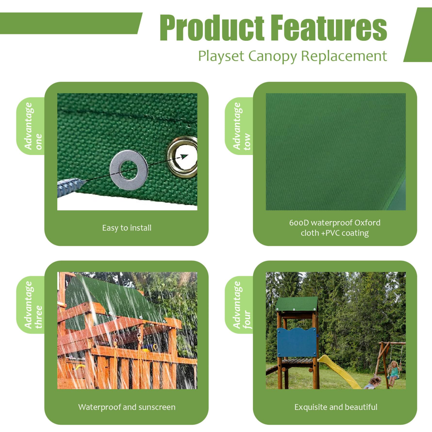Playset Canopy - Toldo de repuesto de 90 x 43 pulgadas, 600D, lona de repuesto con ojales y tornillos de montaje, resistente al agua y al sol para todas las estaciones, parasol verde para casa