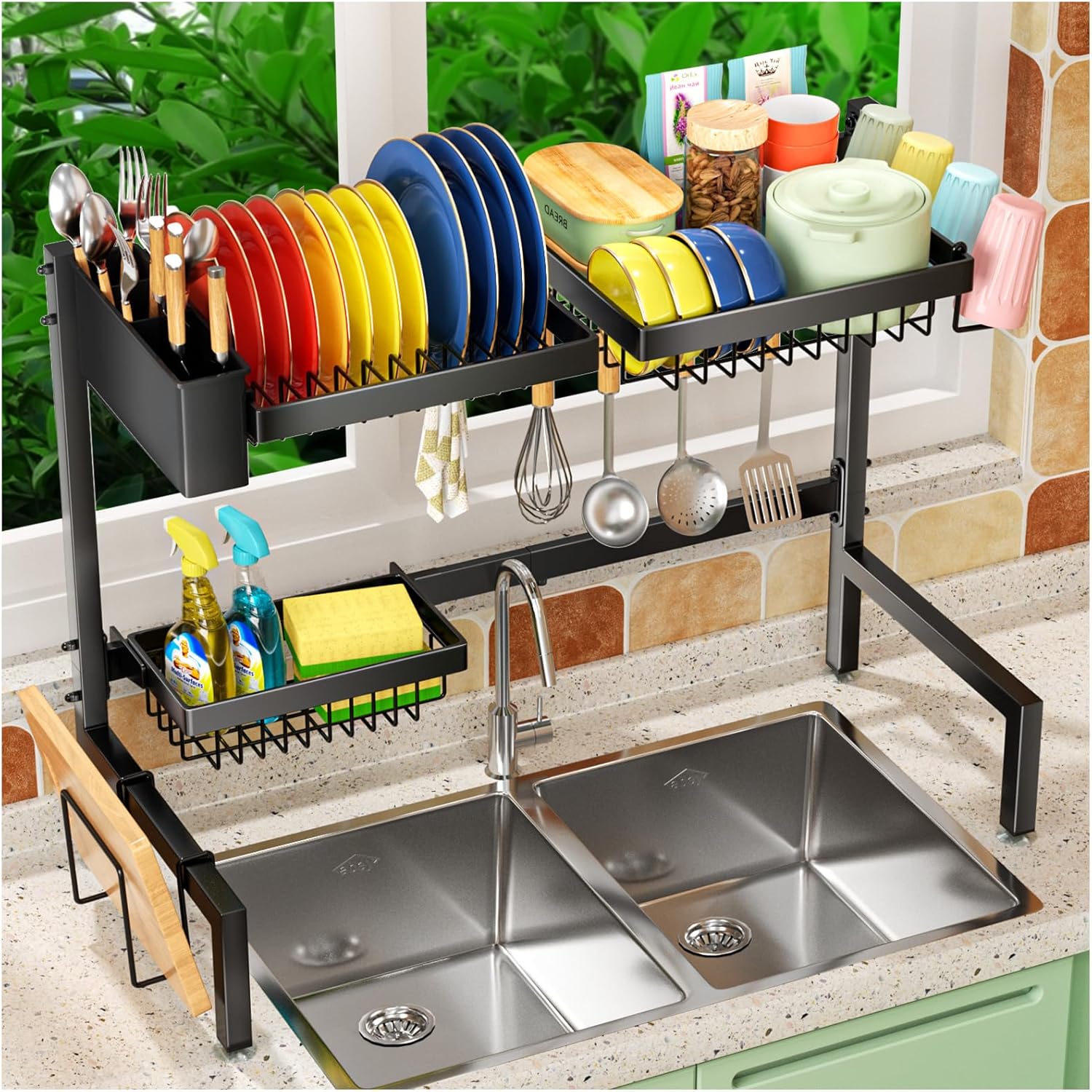 SNSLXH 2-Tier Over The Sink Dish Drying Rack, Kitchen Large Dish Drying Rack Over The Sink, Suitable for Most Sinks, Effective Dish Drying, Kitchen Drying Rack?24.8"-35.4"? 2 tiers 3 baskets