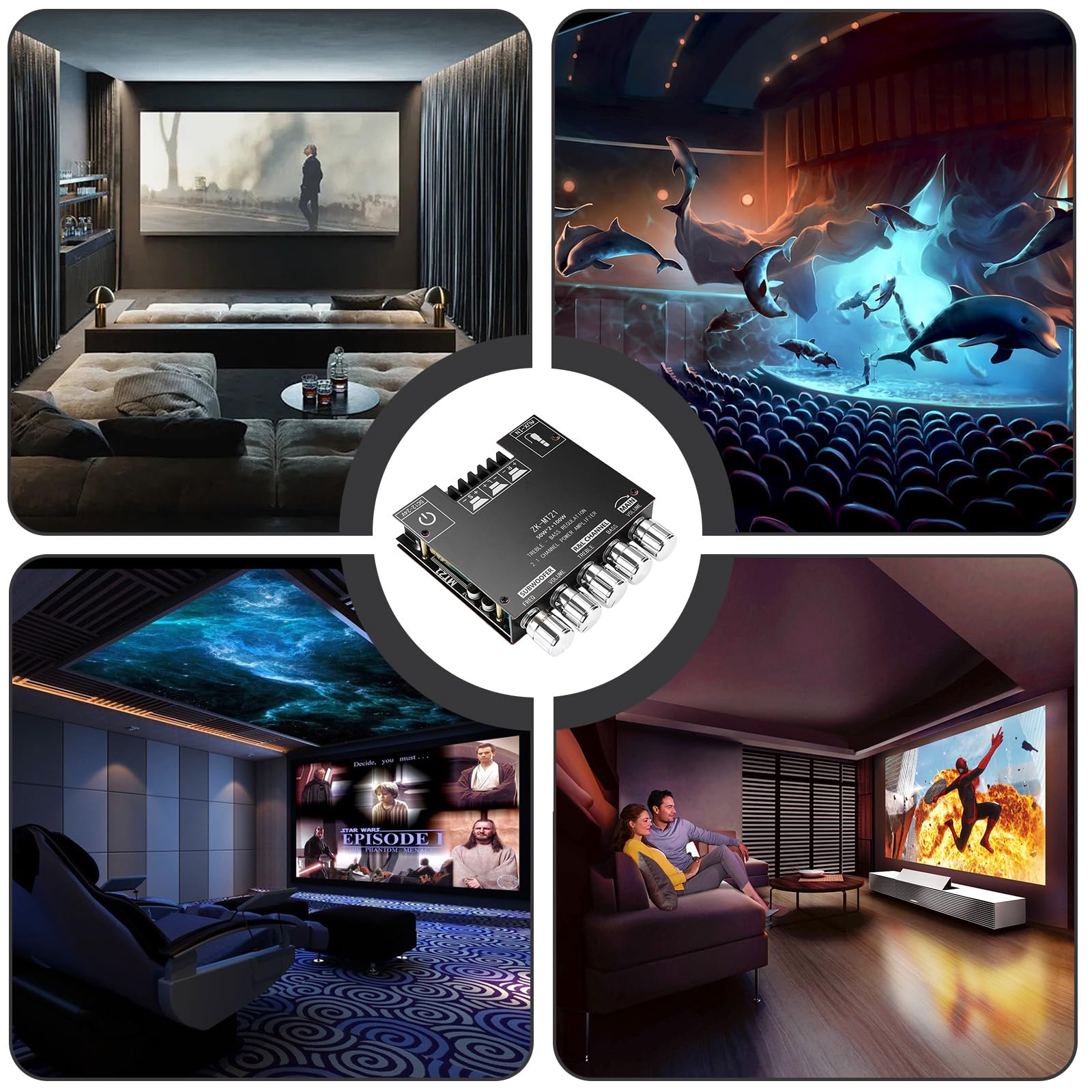 Amplificatore audio HiFi: 2 x 50 W + 100 W subwoofer 2.1 canali, amplificatore scheda con Bluetooth alti e controllo dei bassi, ingressi Bluetooth e AUX, DC 12-24 V per altoparlanti passivi