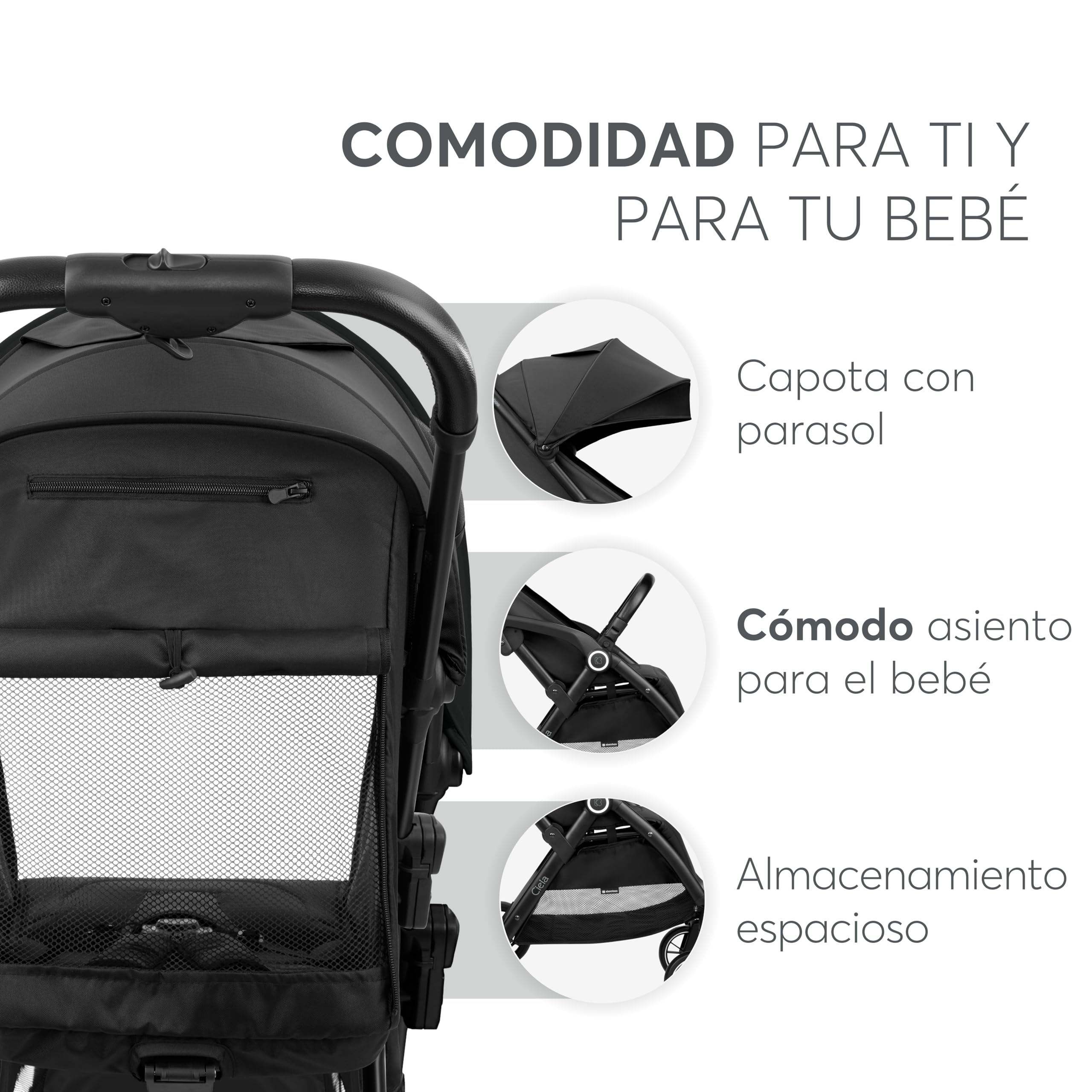 KikkaBoo Silla de Paseo Ligera CIELA, Carrito Bebé Compacto hasta 22 kg, Plegado Automático, Reclinable, Superligero, Tamaño Cabina Avión, Negro