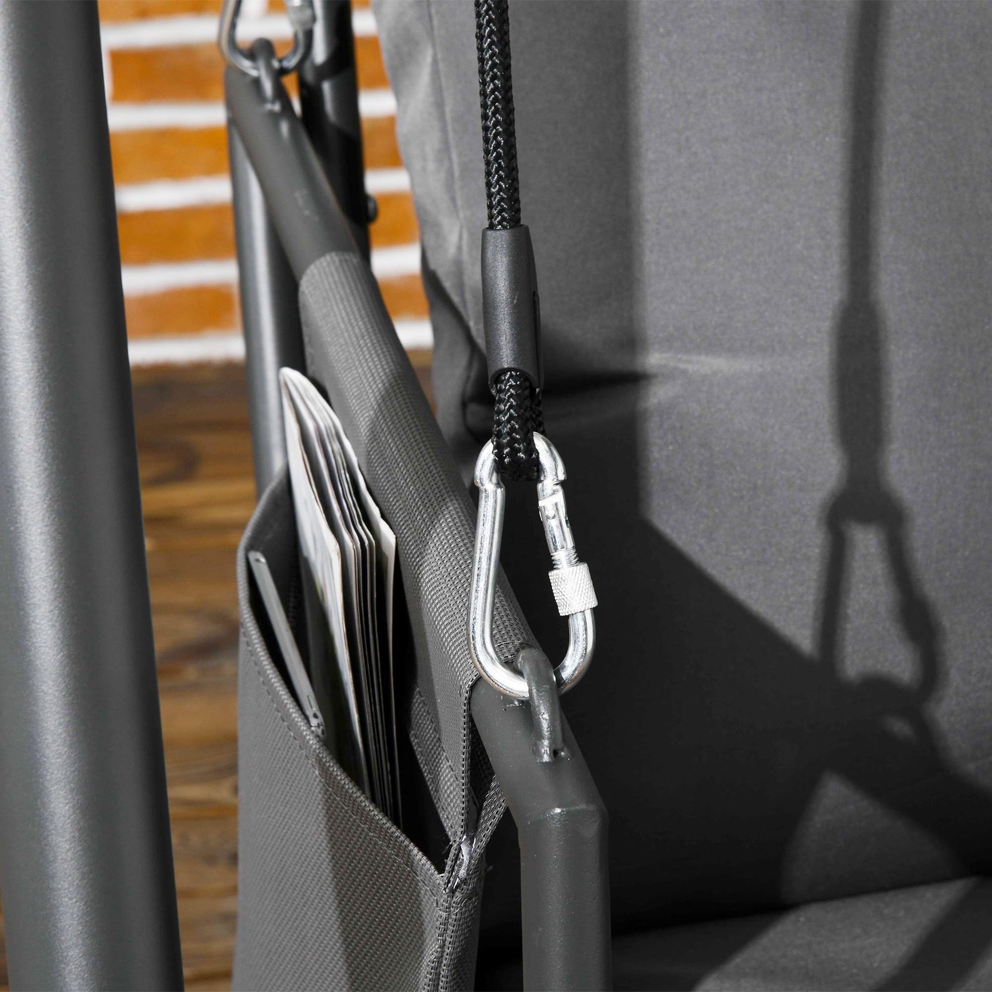 Outsunny Dondolo da Giardino 2 Posti con Cuscini e Tasche Portaoggetti, Dondolo da Esterno in Acciaio e Textilene, 168x117x181 cm, Grigio Scuro
