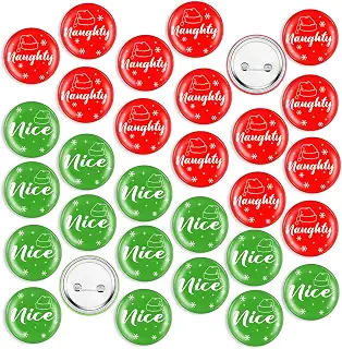 60 Pcs Christmas Button Pins Bulk Nice Naughty Badge Pin Funny Pinback Button Party Favors Buttons Badges Snowflake Santa Hat Print Badge Pin for DIY Christmas Birthday Party Bags Decorations