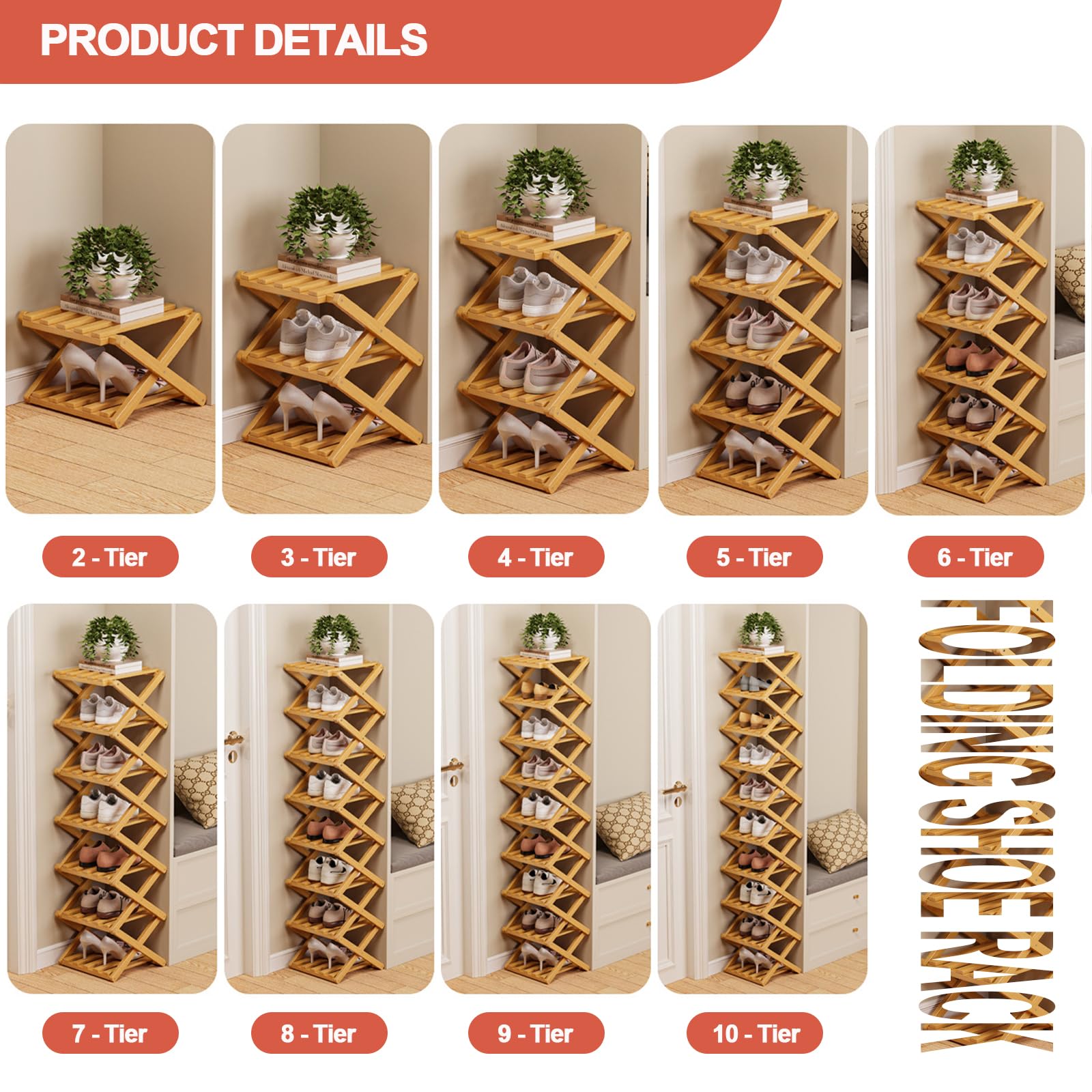 Scarpiera Pieghevole Stretta Verticale Salvaspazio Organizer In Bambù Struttura Stabile Scarpiera Angolare Pieghevole Senza Montaggio Per Piccoli Appartamenti Bagno Brown 8-tier