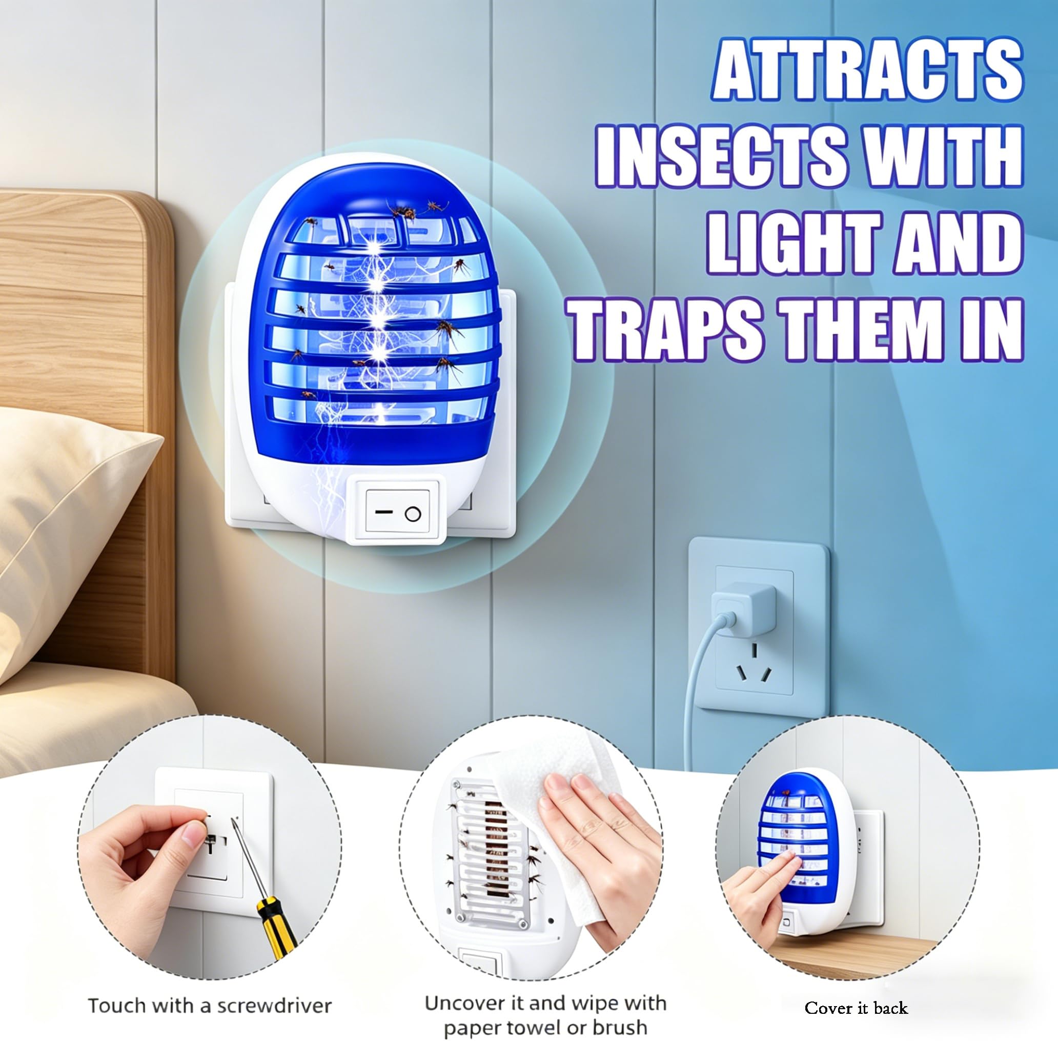 Anti Mouche Electrique, Lampe Anti Moustique Électrique Anti Moucherons Cuisine Interieur Plug in, Moustique Attrape Mouche pour Intérieur