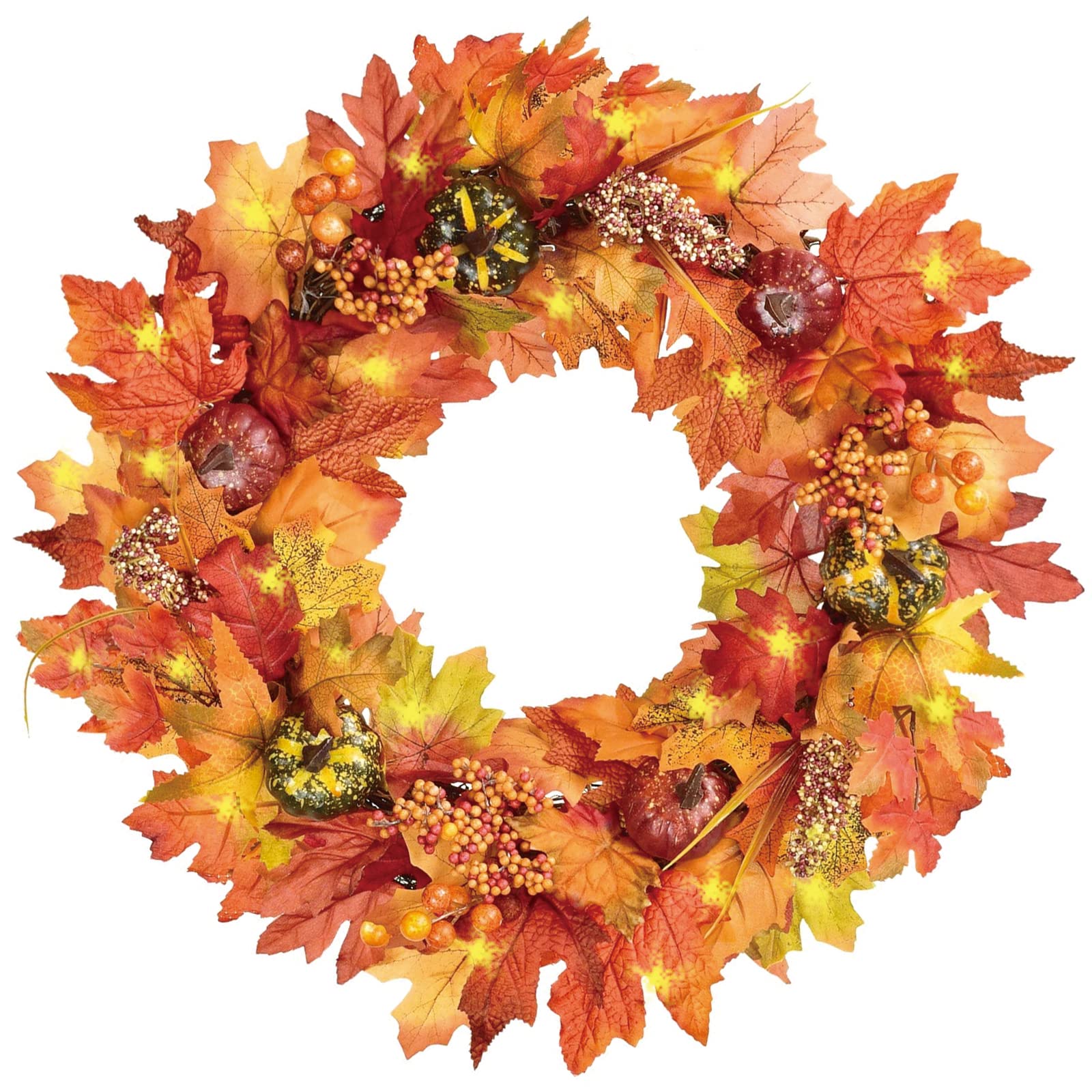 Couronne Automne 40cm Couronne Halloween Porte Guirlande d'automne Artificielle avec Lumières LED Feuilles d'érable et Citrouille Decoration Automne Interieur Exterieur Halloween Thanksgiving Noël