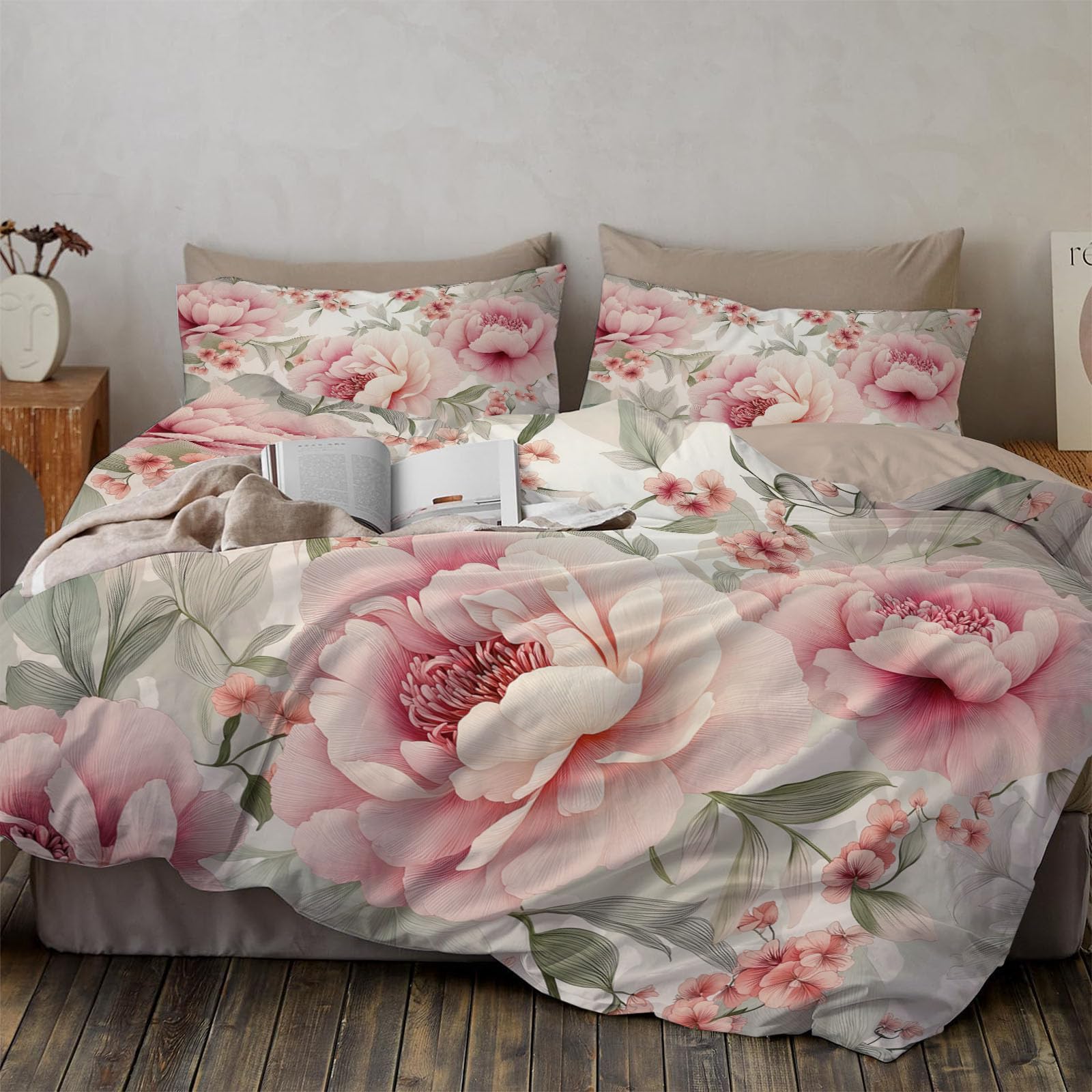 Parure housse de couette 220x240cm pivoines en microfibre de qualité supérieure