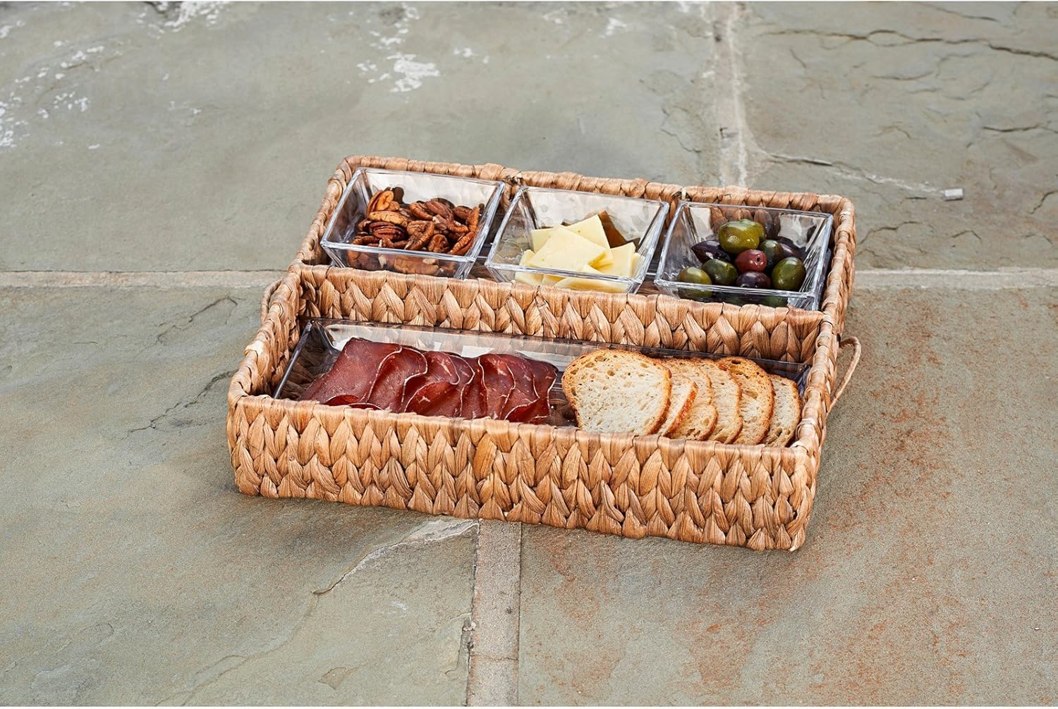 Garden Terrace Beige Glass Chip & Dip Server with Seagrass Handles