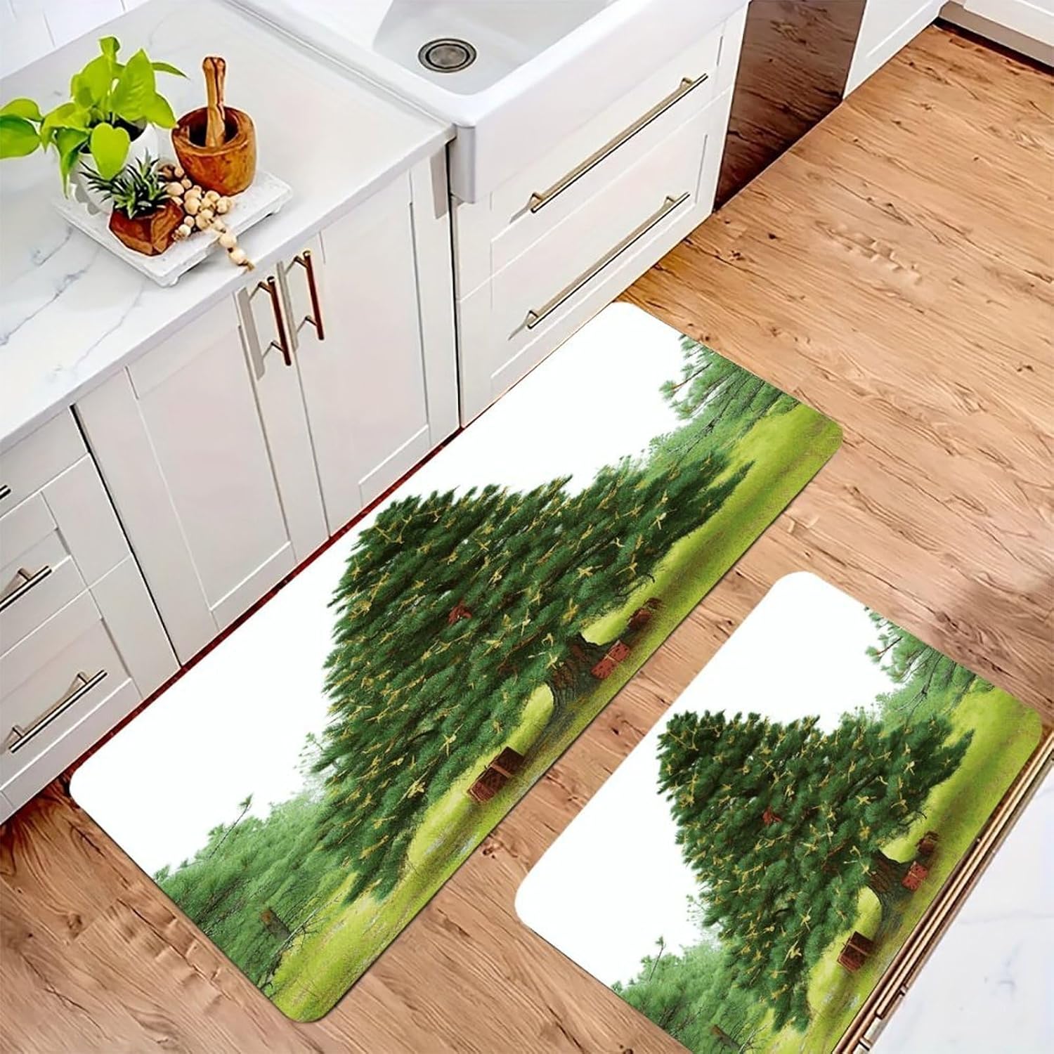 Garlad Pine Tree Kitchen Mats with 2PCS Non-Slip Washable,Kitchen Rug Heavy Duty Durable, Floor Mats for Kitchen,Office,Sink,Laundry