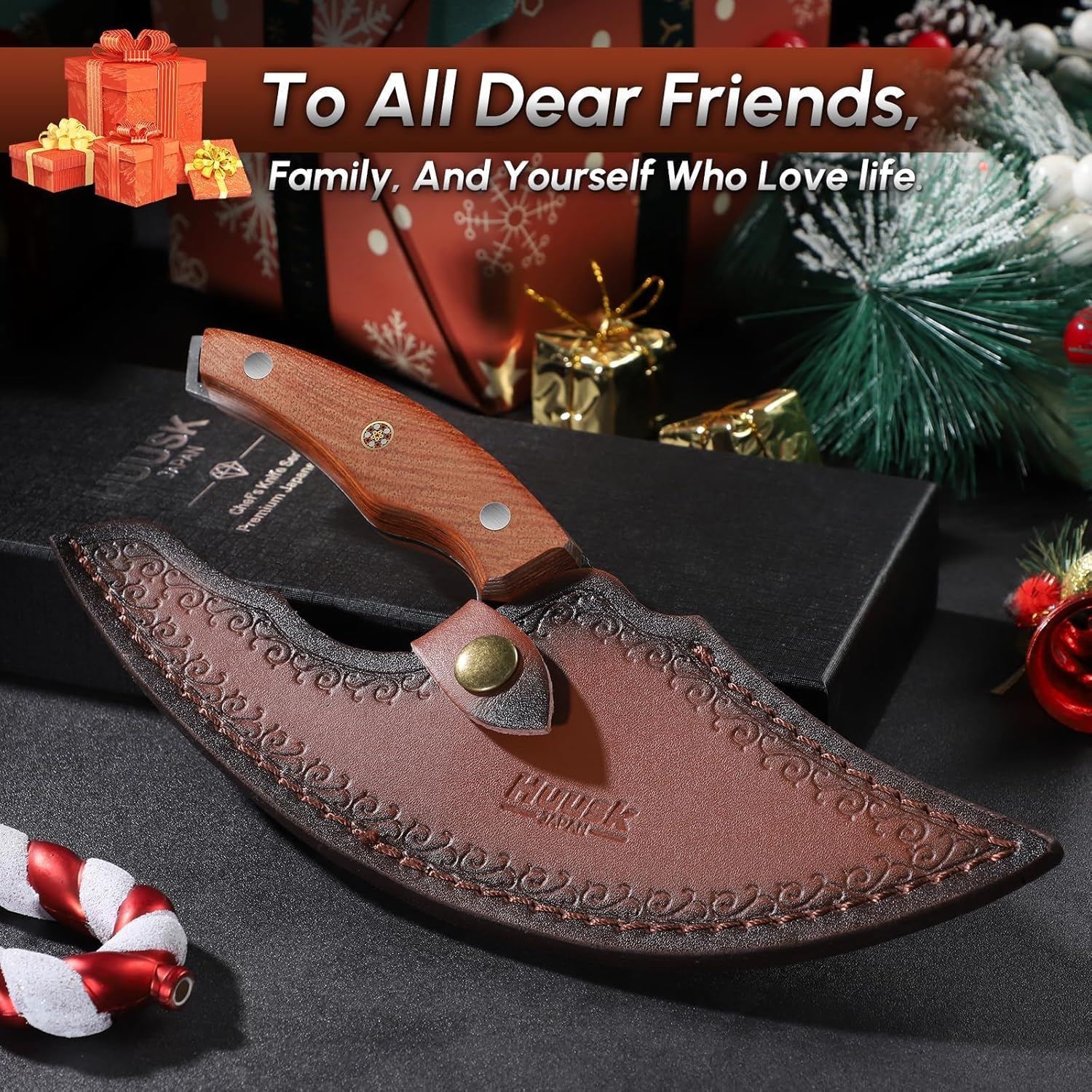 Huusk Japan Ulu Knife with Sheath - Christmas Gift for Men and Women - Hand Forged Caveman Ultimo Knife with Full Tang Wooden Handle - BBQ Knives for Vegetables, Fruit, Pizza - Image 7