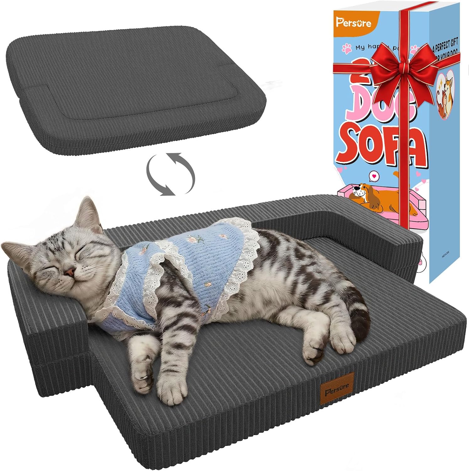 Persure Orthopedic Dog Bed for Medium Large Dogs, Waterproof Memory Foam Pet Couch Dog Sofa with 3-Sided Bolster, Adjustable Pillow, Non-Slip Bottom & Removable Washable Cover, Dark Grey, 28 inch