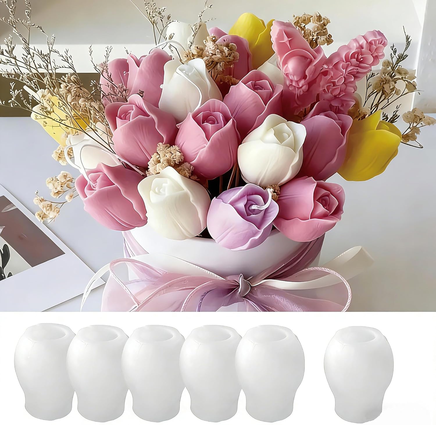 Tulip Shape Silicone Candle Mold Set, 6 Flower Molds for Handmade Candle Making, Festival Gift and Wedding Decoration