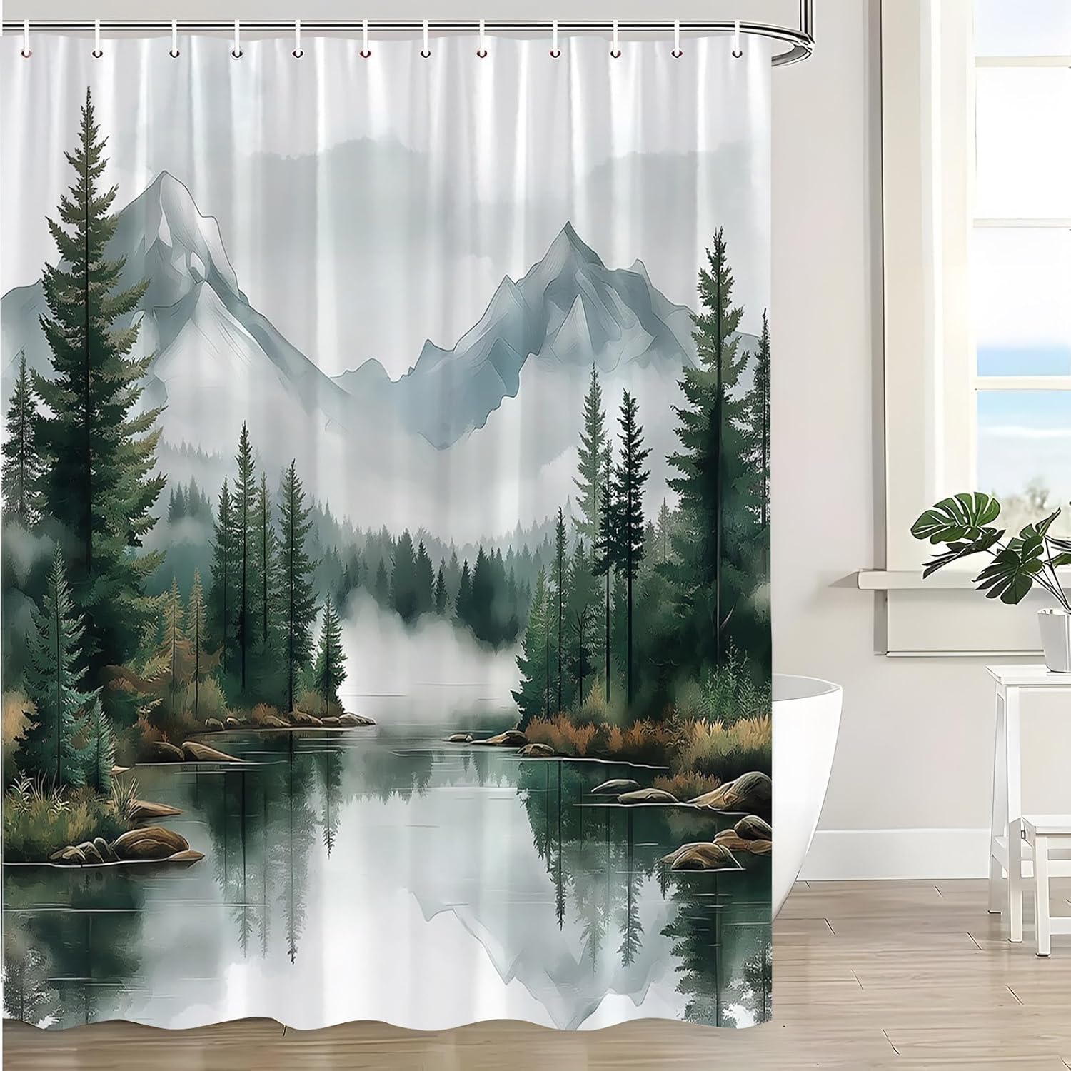 Green Misty Forest Shower Curtain 71x94in-180x240cm Nature Rustic Woodland Mountain Foggy Pine Tree Watercolor Plant Bathroom Curtain, Waterproof Polyester Fabric Curtains with Hooks
