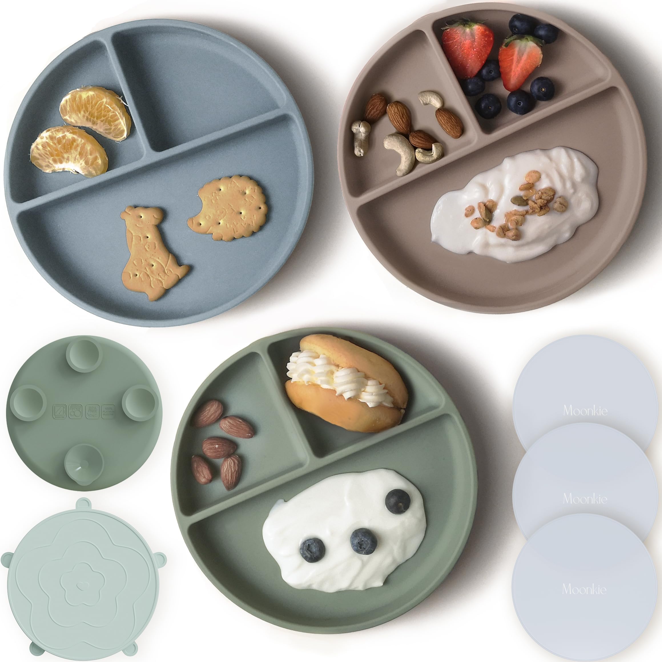 Suction Plates for Baby | 100% Silicone BPA-Free Baby Plates with Lids and Food Cover | Divided Design | Microwave and Dishwasher Safe | Toddler Plates 3 Pack