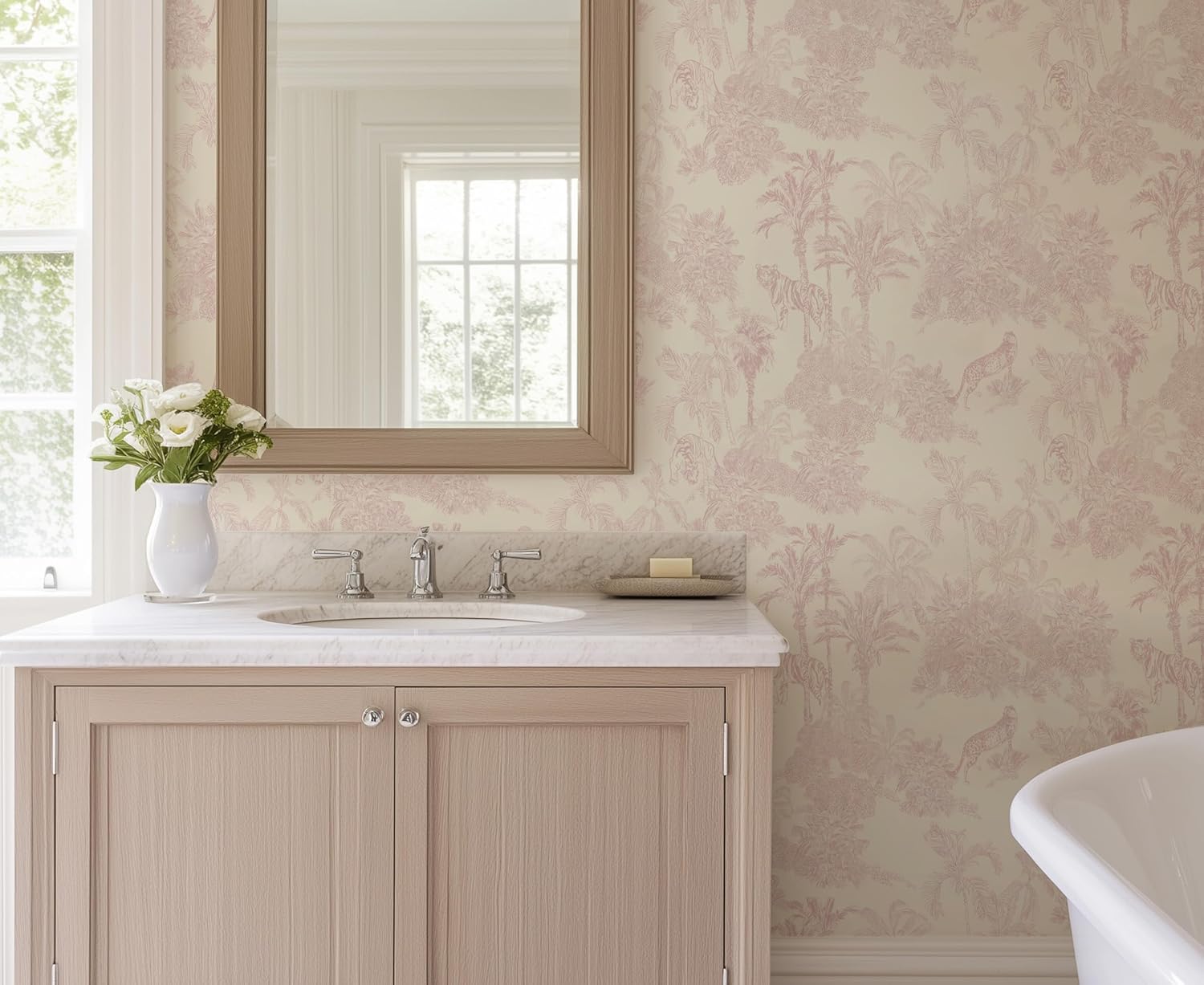 RollsRolla French Country Style Pink Peel and Stick Wallpaper Inspired by Vintage Chinoiserie Farmhouse Style Featuring Forest Toile Pattern Temporary Wallpaper for Bathroom, Laundry Room, Bedroom