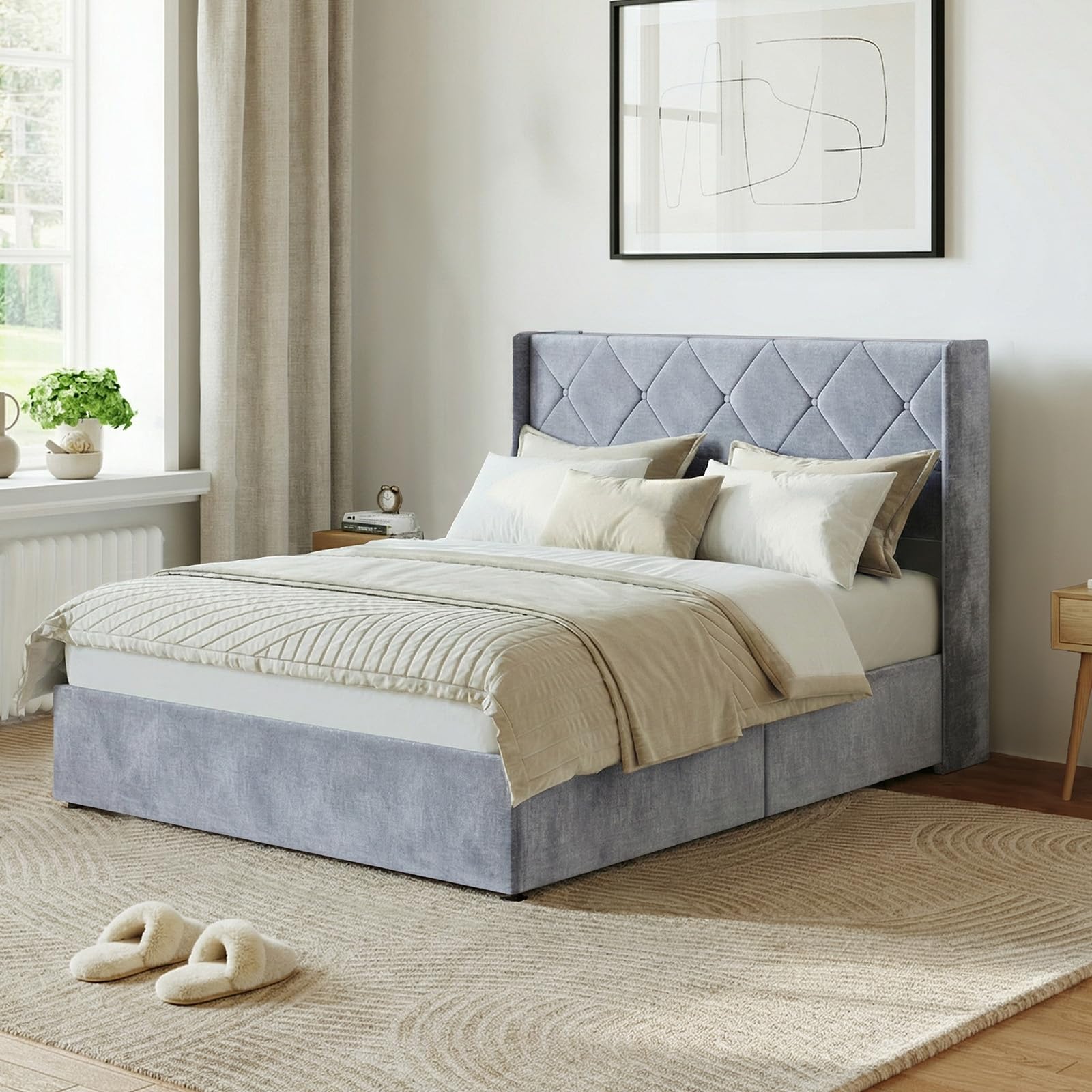 HAPPYMONT Full Size Lift Up Storage Bed Frame with Modern Wingback Headboard, Hydraulic Upholstered Platform Bed, Deep Grey