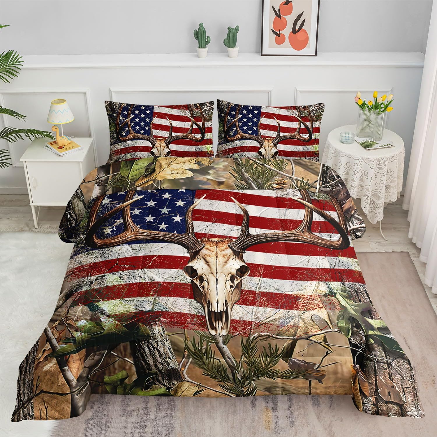 Kids Comforter Set American Flag Deer Printed Pattern Bedding Set with 1 Comforter and 2 Pillowcases for Girls Boys Bedroom All Season(American Flag Deer03 Full)