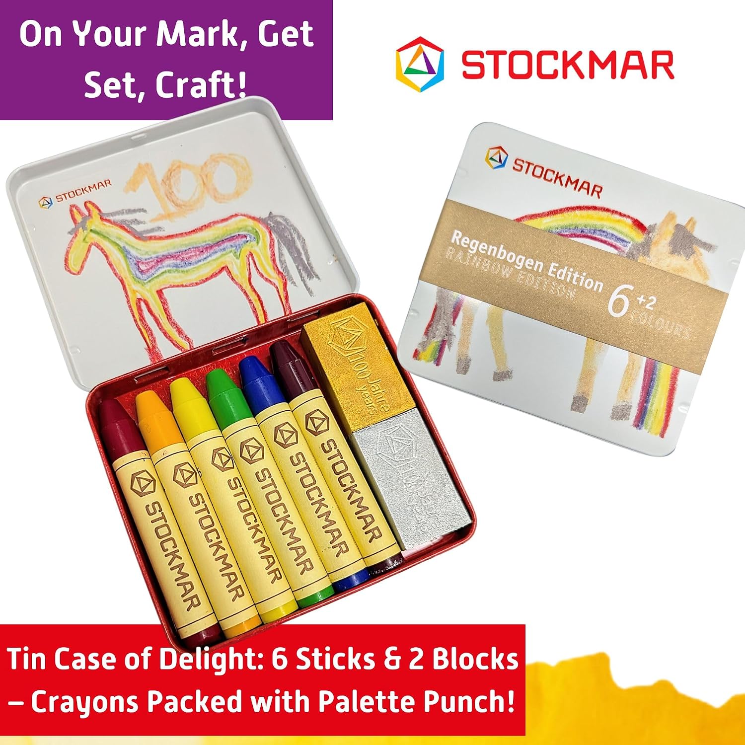 Stockmar Wax Crayons - Anniversary Rainbow Edition - 6 Sticks, 2 Metallic Gold and Silver Blocks, Beeswax Crayons, in Tin Case, Waldorf Art Supplies