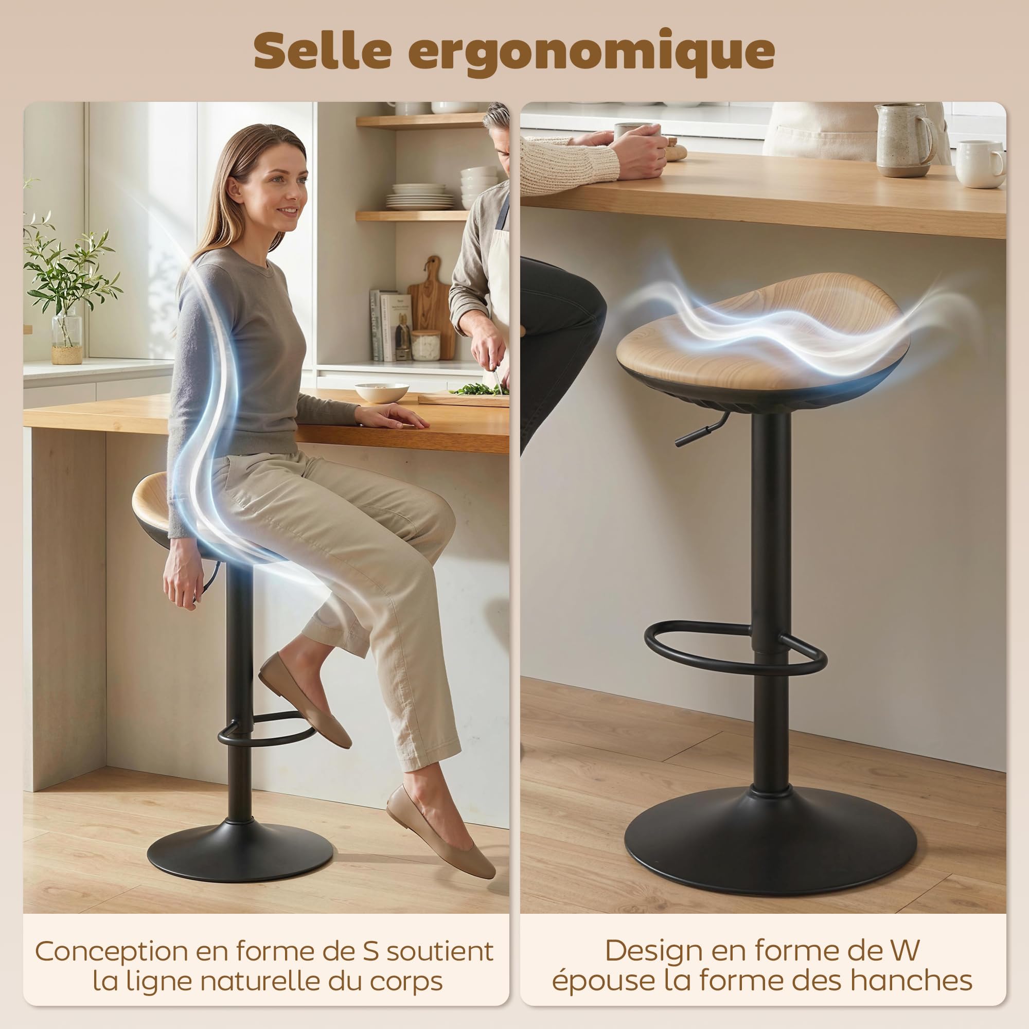 HOMCOM Lot de 2 Tabourets de Bar Réglables en Hauteur 40x40x63-84cm Chêne
