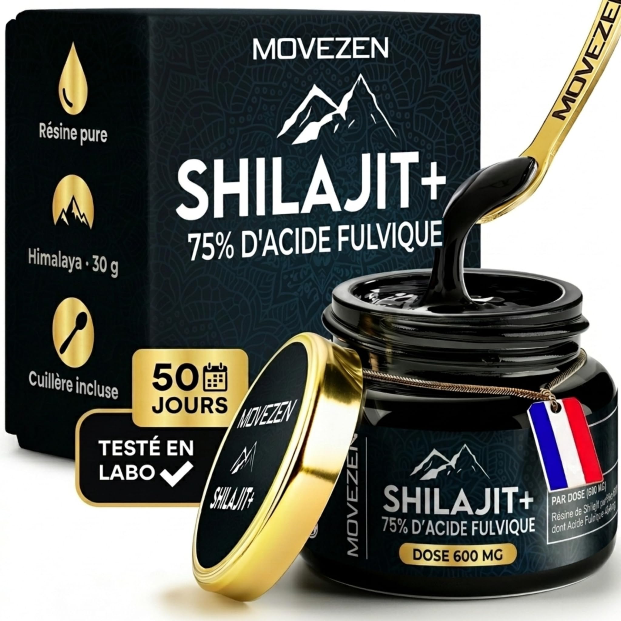 Shilajit+ Movezen, Résine de Shilajit Pure Naturelle 30 g, +75% Acide Fulvique, Himalaya 5000 m, 85 Minéraux & Oligo-Éléments, Analysé Eurofins France, Sans Additif, 600 mg, 50 Jours, Halal, Cuillère