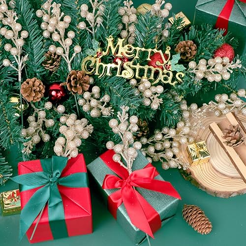 Miniatura 3 de Paquete de 20 tallos de bayas navideñas con purpurina de 7.8 pulgadas para decoración de árbol de Navidad, púas artificiales para adornos de árbol