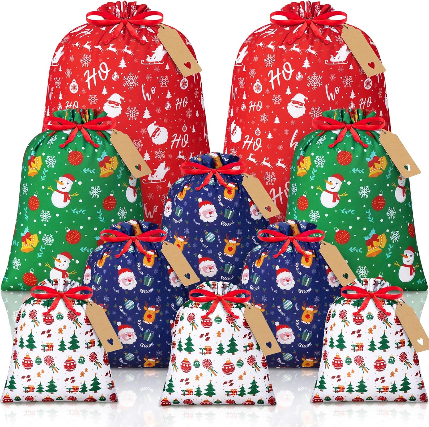 10 PCS Christmas Drawstring Gift Bags with Tags, Xmas Gift Bags Assorted Sizes Bulk, Large Medium Small Holiday Gift Bag Cotton Fabric Gifts Wrapping Bag for Christmas Presents Party Favor Goody Sack