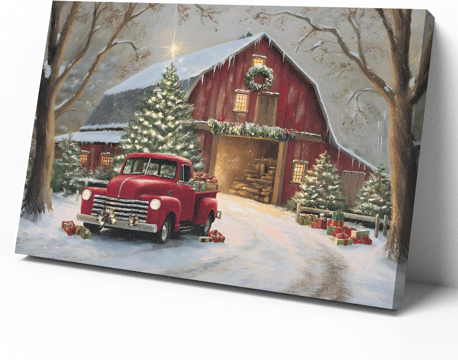 Tevenuktla Christmas Canvas Wall Art Winter Barn Print Red Barn Canvas Wall Art for Living Room Winter Pine Tree Poster Country Landscape Painting Winter Christmas Poster 16x24inch Framed