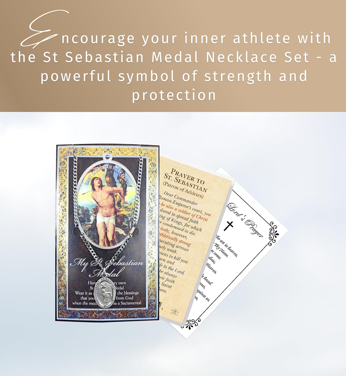 St Sebastian Medal Necklace - Pewter Saint Medal With Chain, Laminated Card, The Lord's Prayer Card - Patron of Athletes Themed Set - 3 Items - Image 2