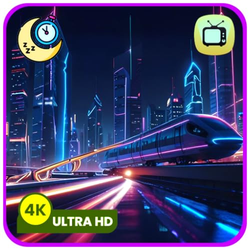 Paisajes urbanos ciberpunk vibrantes, protector de pantalla con brillo neón dinámico y ritmos futuristas de synthwave + temporizador de apagado con música relajante