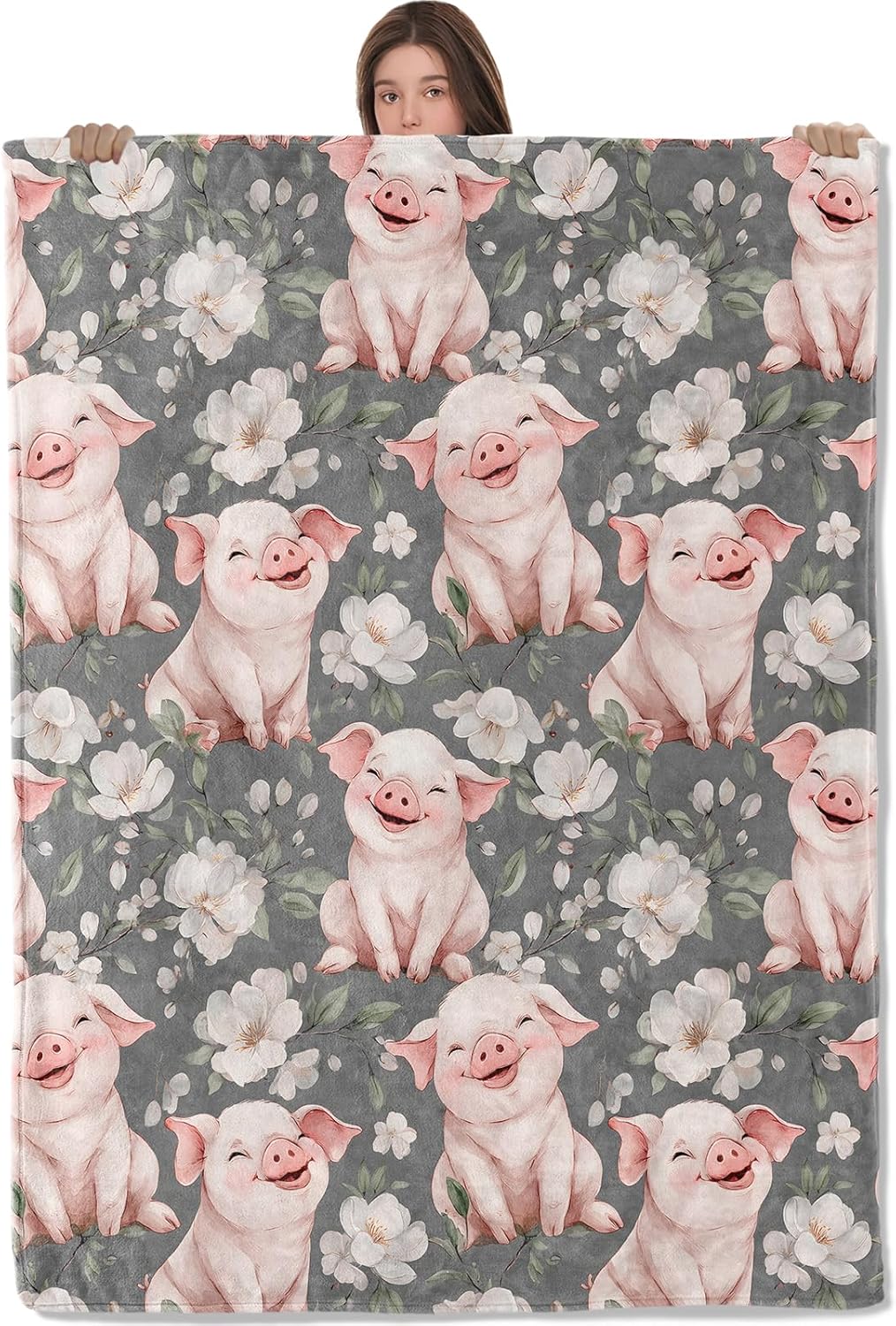 Cute Pig Flannel Throw Blanket, 50"x60", Playful Farm Animal and Floral, Warm Lightweight Blankets, Machine Washable, Adults Kids Gifts, Outdoor Indoor Travel Hiking Nap Throw, Home Decorate
