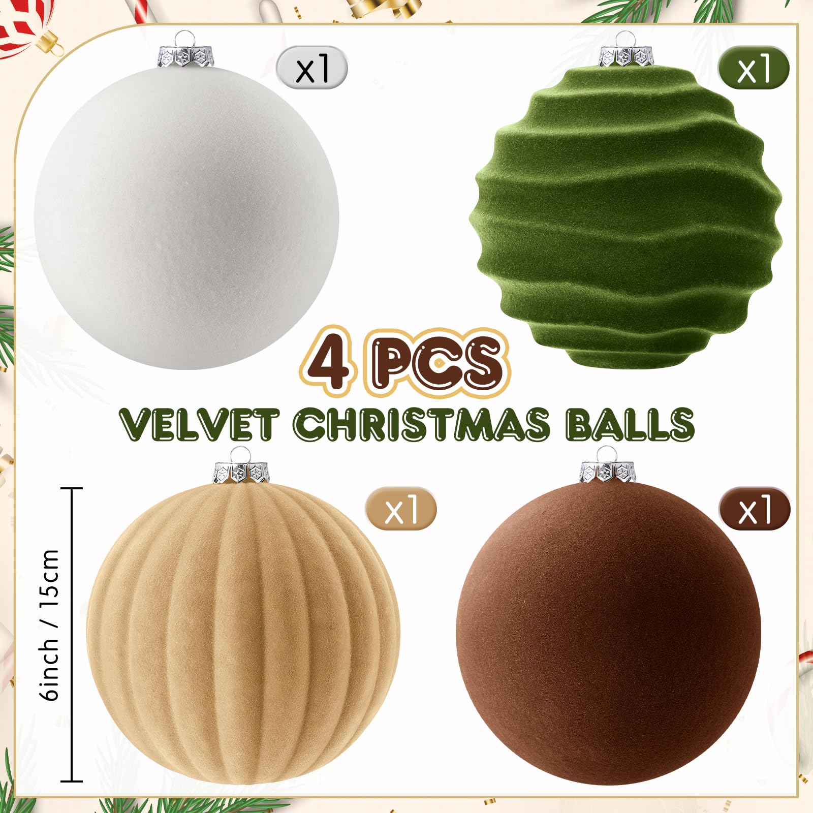 Syhood 4 bolas de Navidad de terciopelo neutro de 6 pulgadas, grandes esferas de adorno de terciopelo, decoraciones de árbol de Navidad, adornos flocados colgantes para árbol de Navidad, guirnalda del