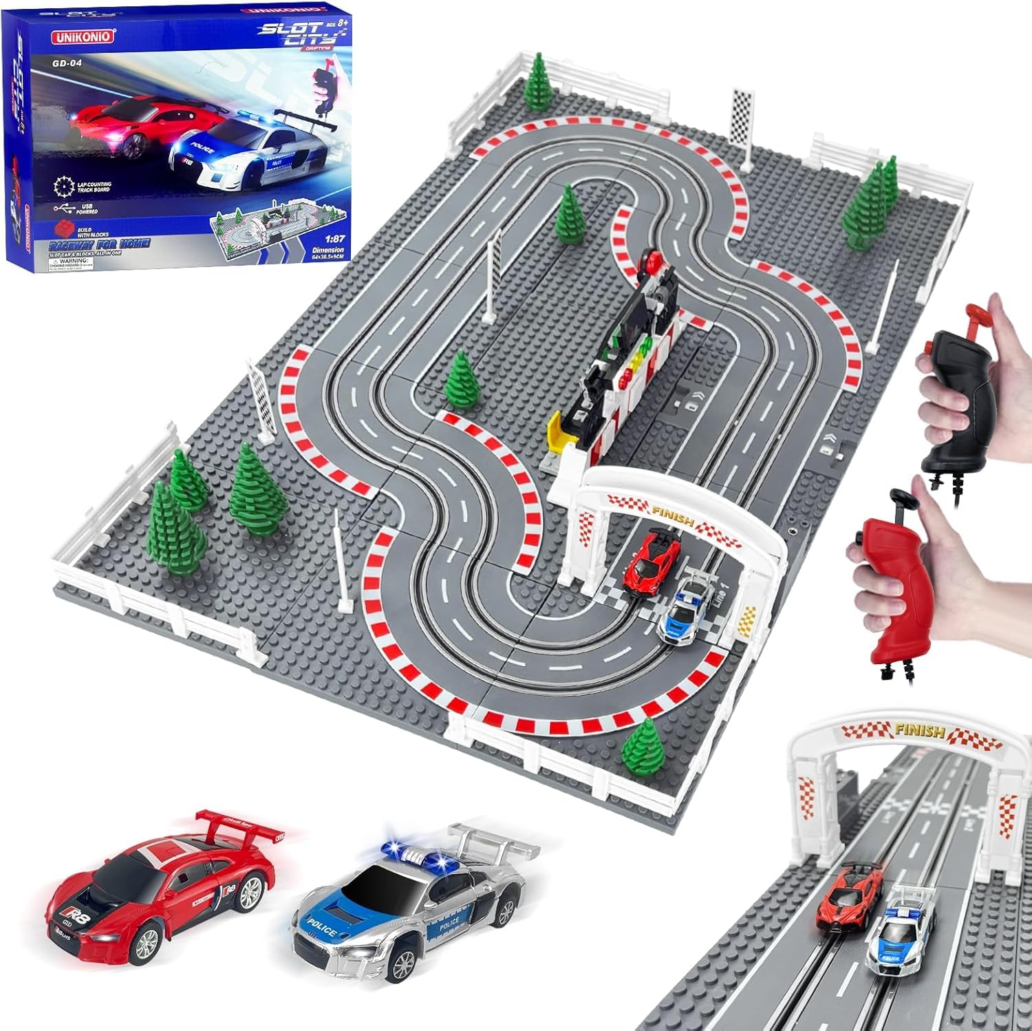 UNIKONIO Slot Cars Race Track Sets, 1:87 Block Building Slot Toy Race Set, 2 Controllers 2 Cars, Adjustable Speed, Dual Racing - 04