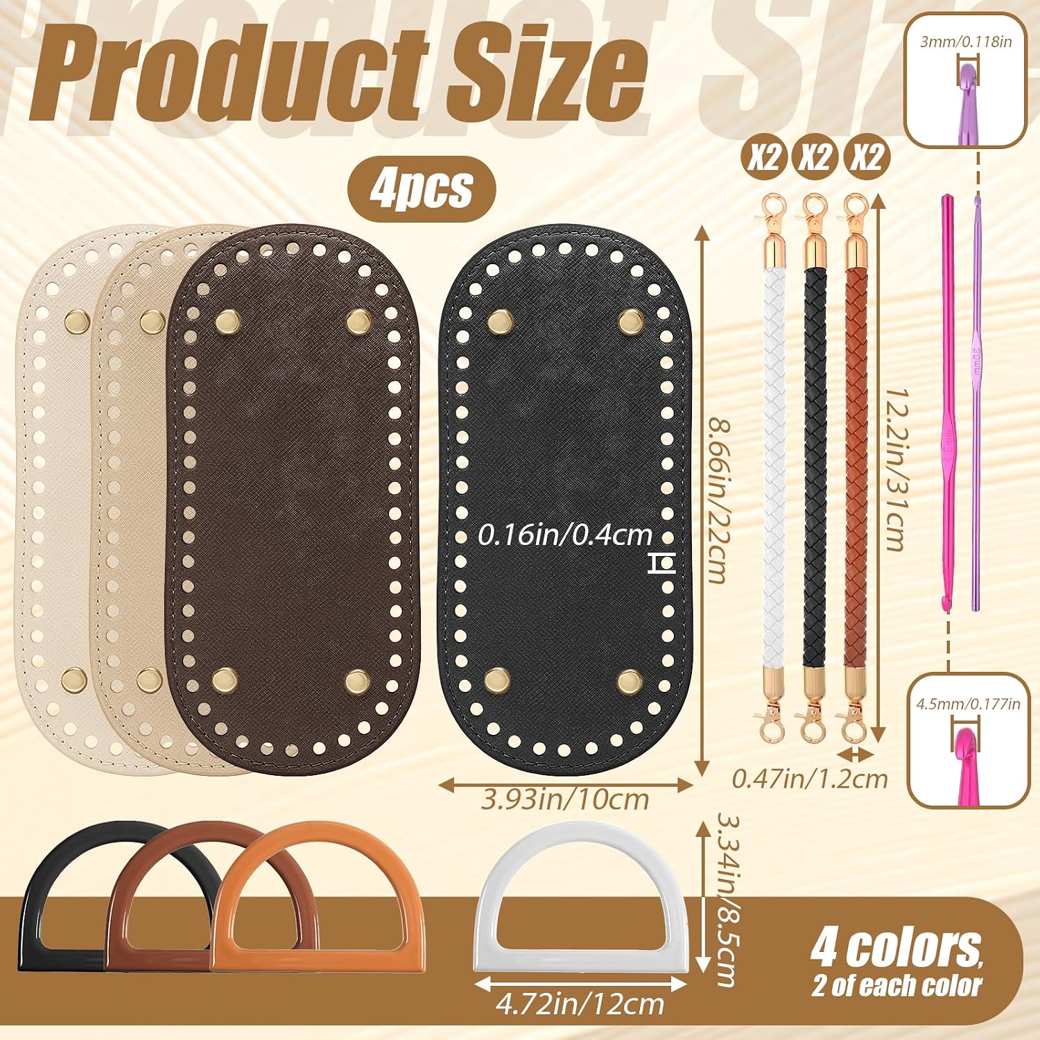 18pcs Bag Bases for Crochet with Braided Purse Handles for Bag Making 2 PCS Crochet Hooks 4 Colors Leather Purse Bottoms for Crocheting 12 Inch Handbag Handles for DIY Shoulder Bags Making